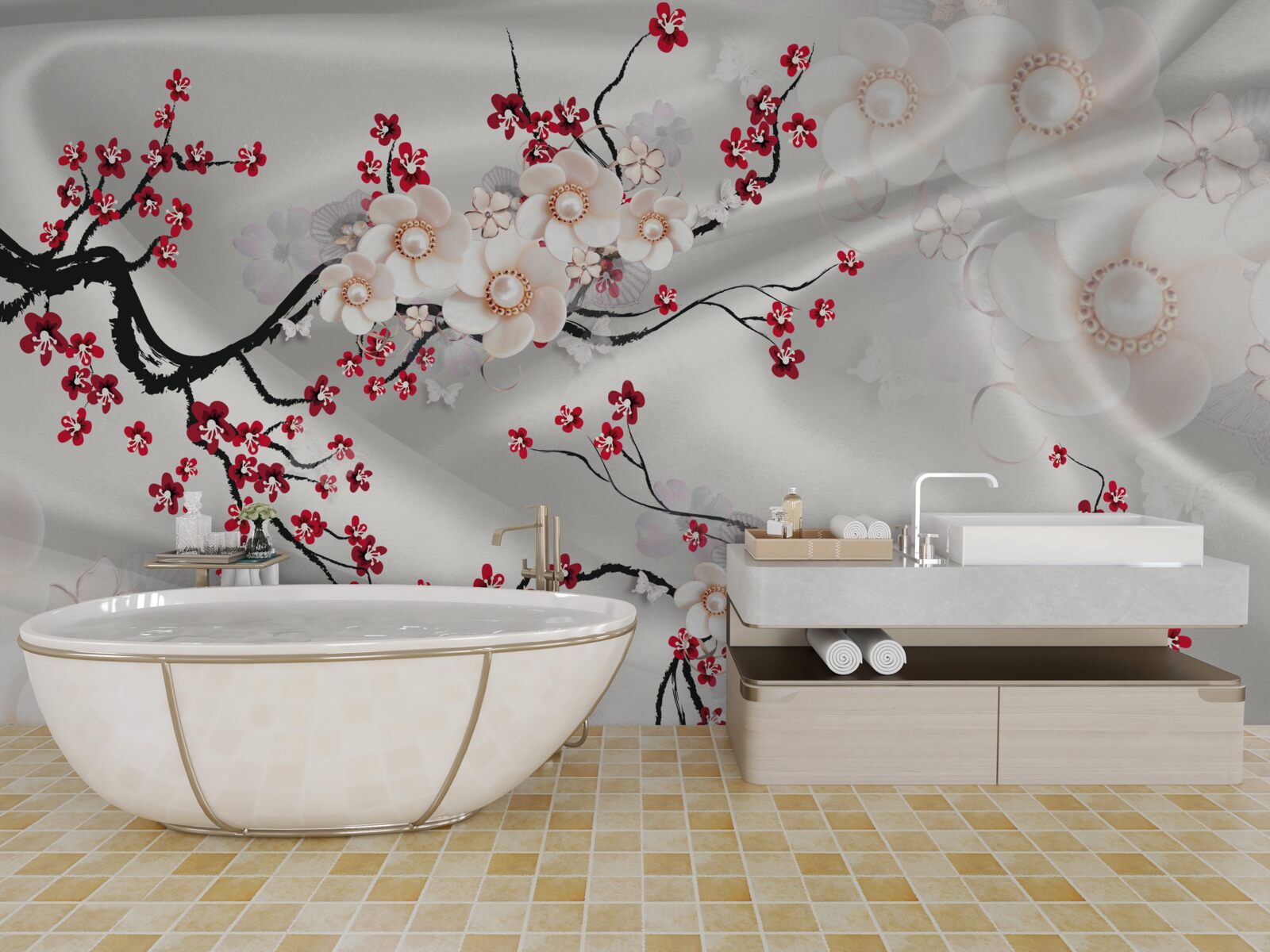 Fotobehang bloemen bloeiden op de takken van de rode sakura