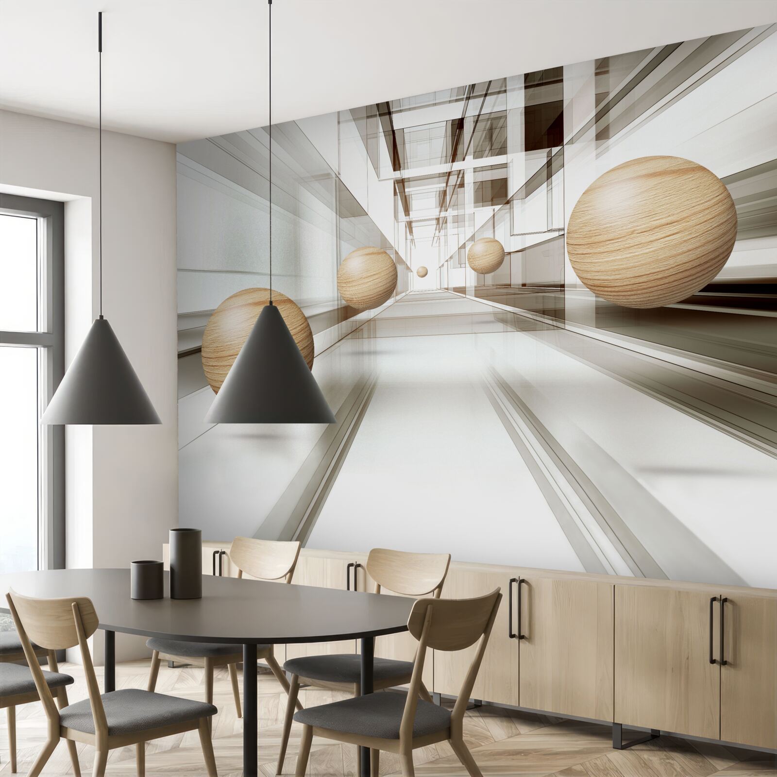 Fotobehang houten ballen razen de oneindigheid in