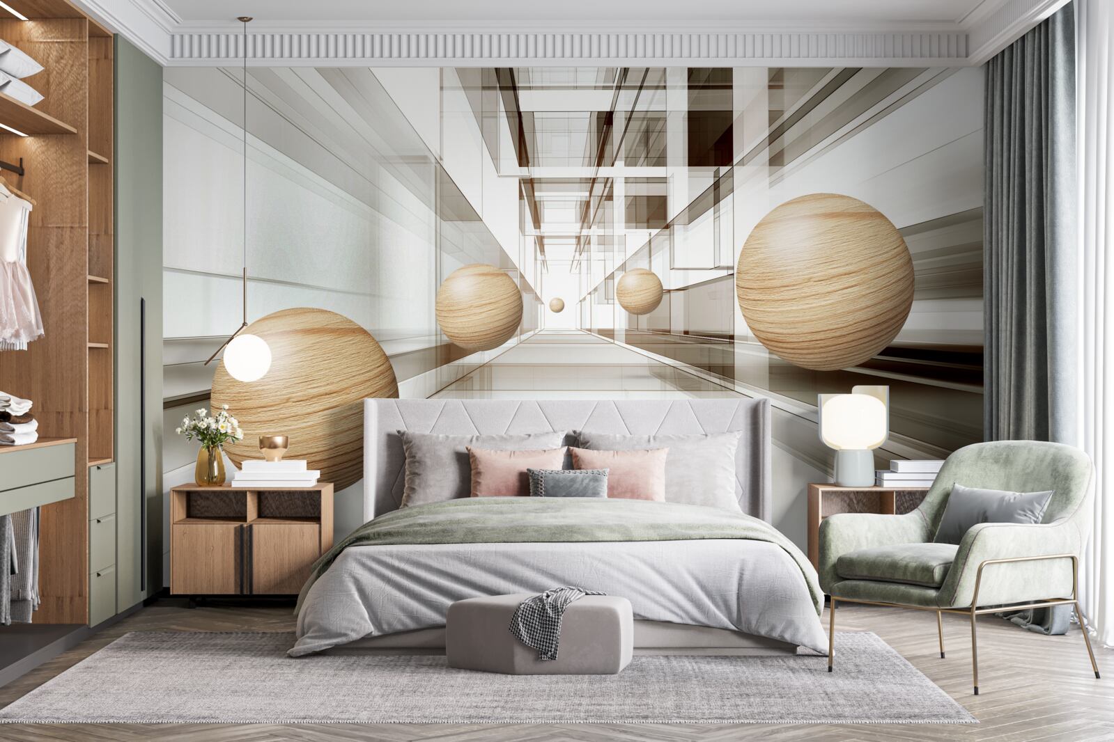 Fotobehang houten ballen razen de oneindigheid in