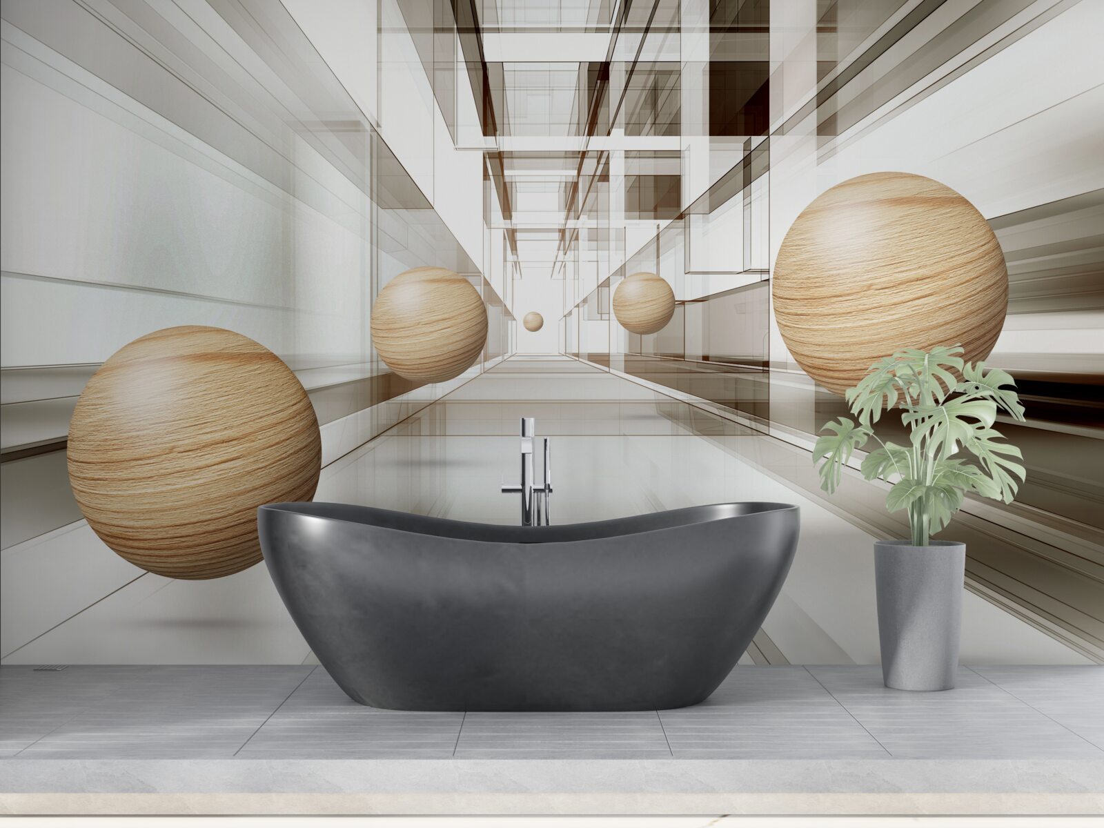 Fotobehang houten ballen razen de oneindigheid in