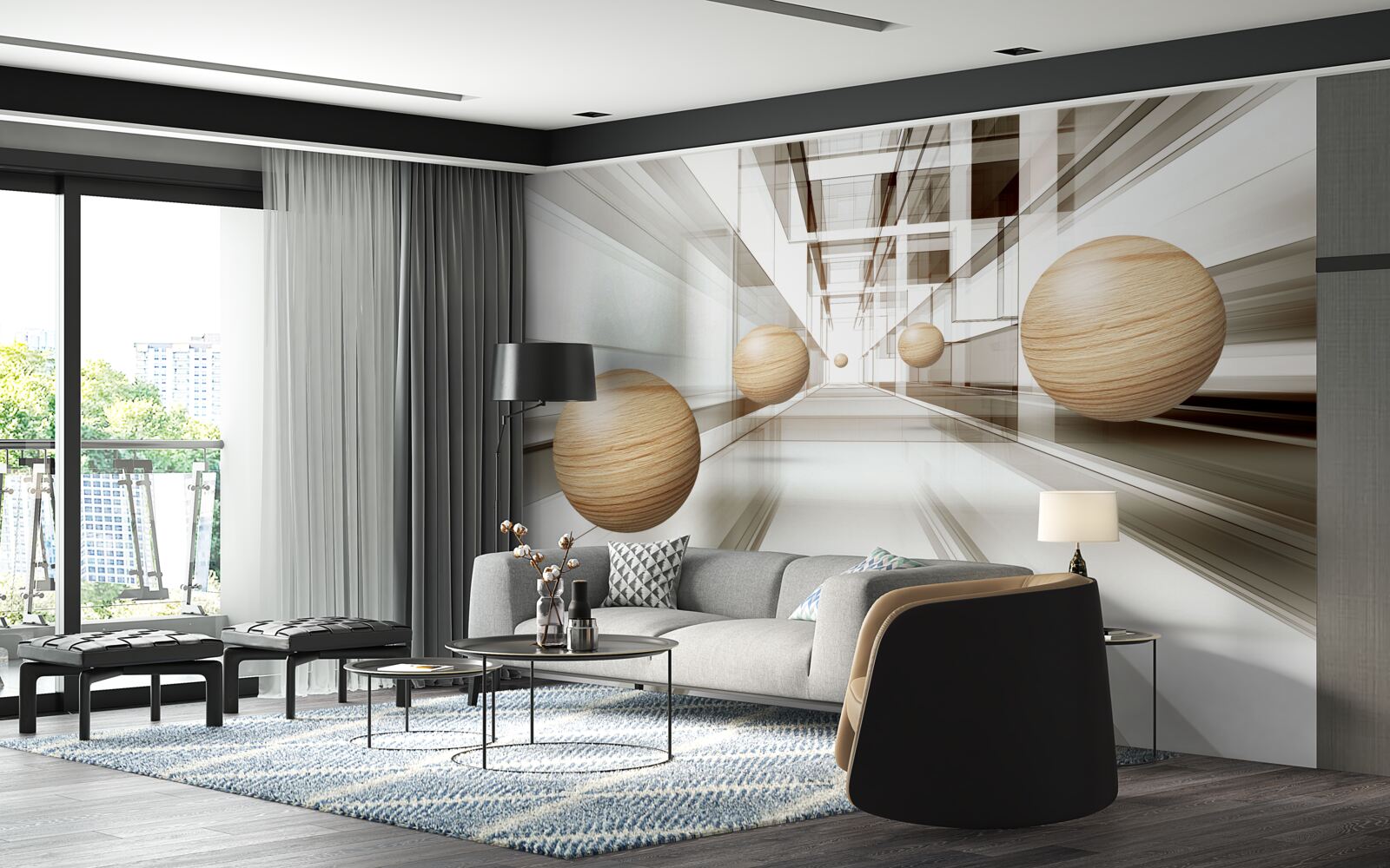 Fotobehang houten ballen razen de oneindigheid in