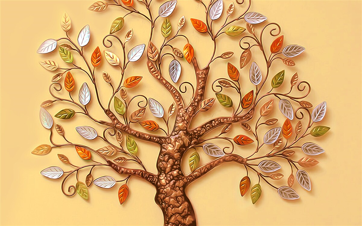 Fotobehang de boom is gehuld in een herfstachtige abstractie van bladeren