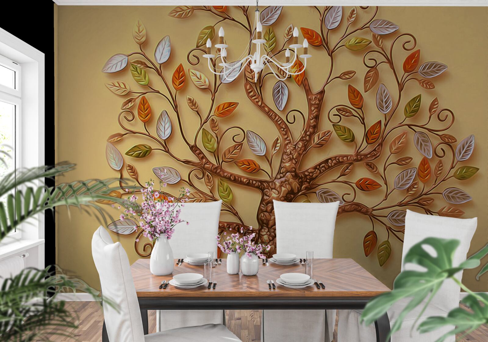 Fotobehang de boom is gehuld in een herfstachtige abstractie van bladeren