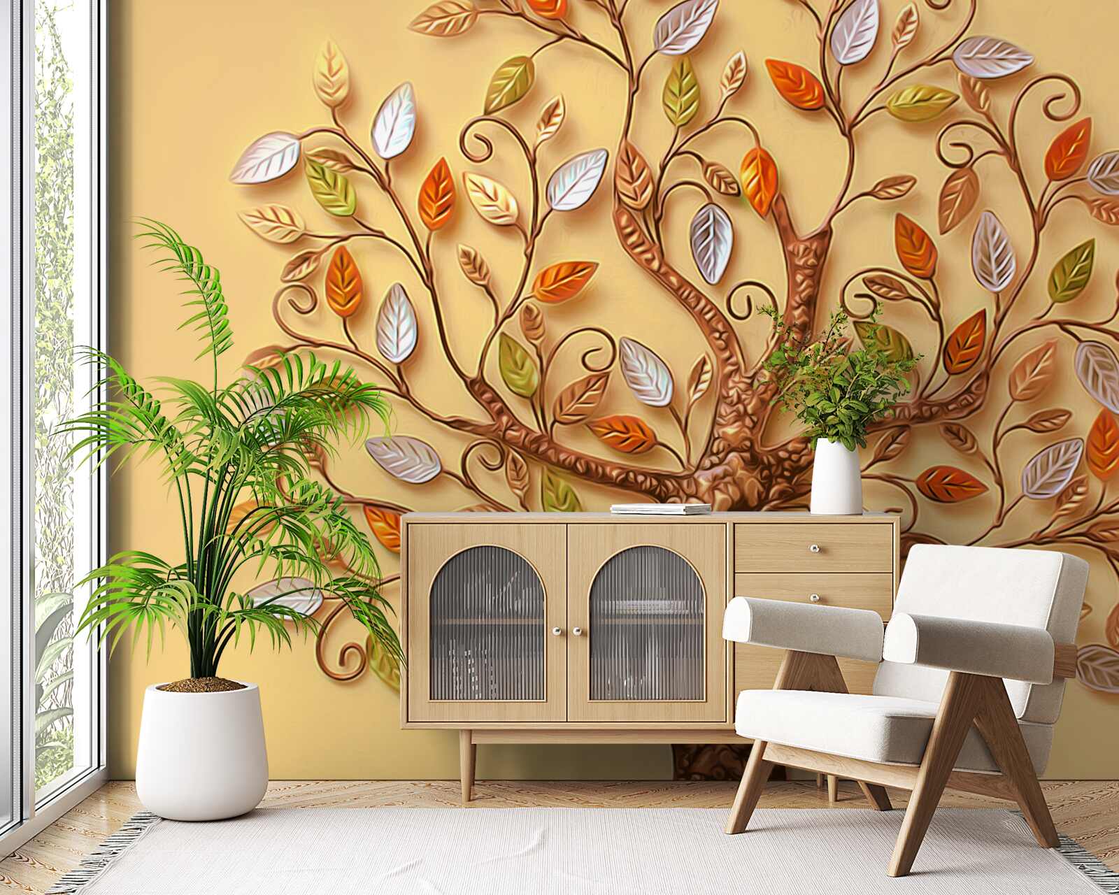 Fotobehang de boom is gehuld in een herfstachtige abstractie van bladeren