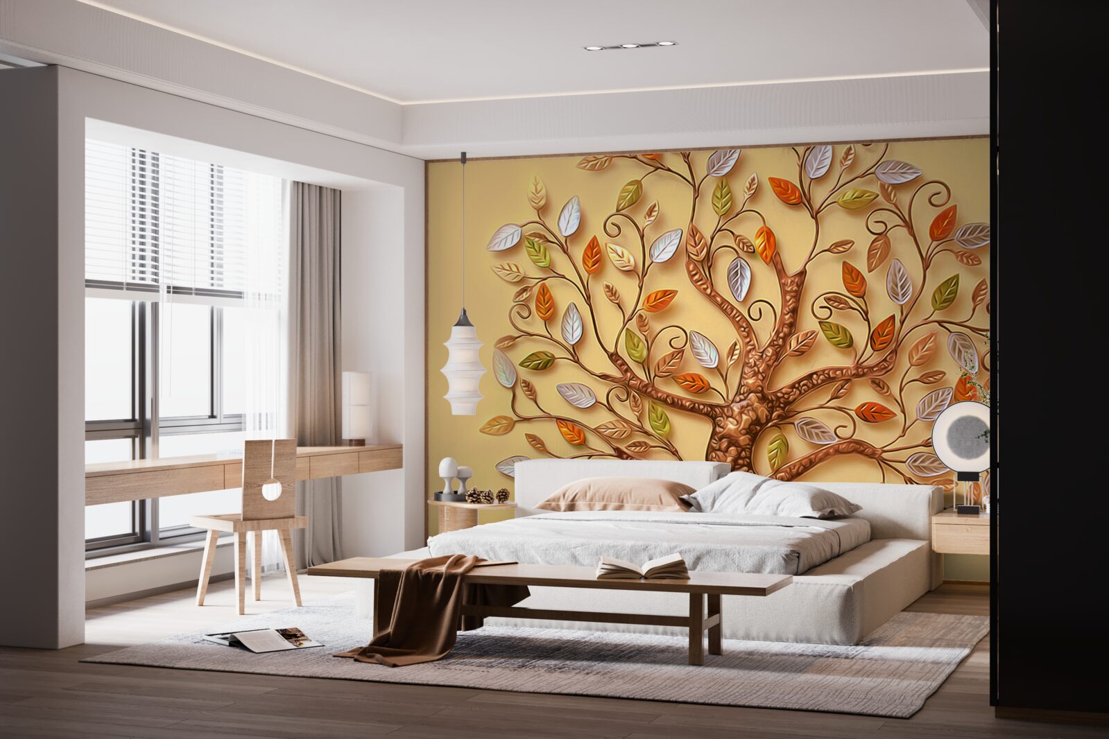 Fotobehang de boom is gehuld in een herfstachtige abstractie van bladeren