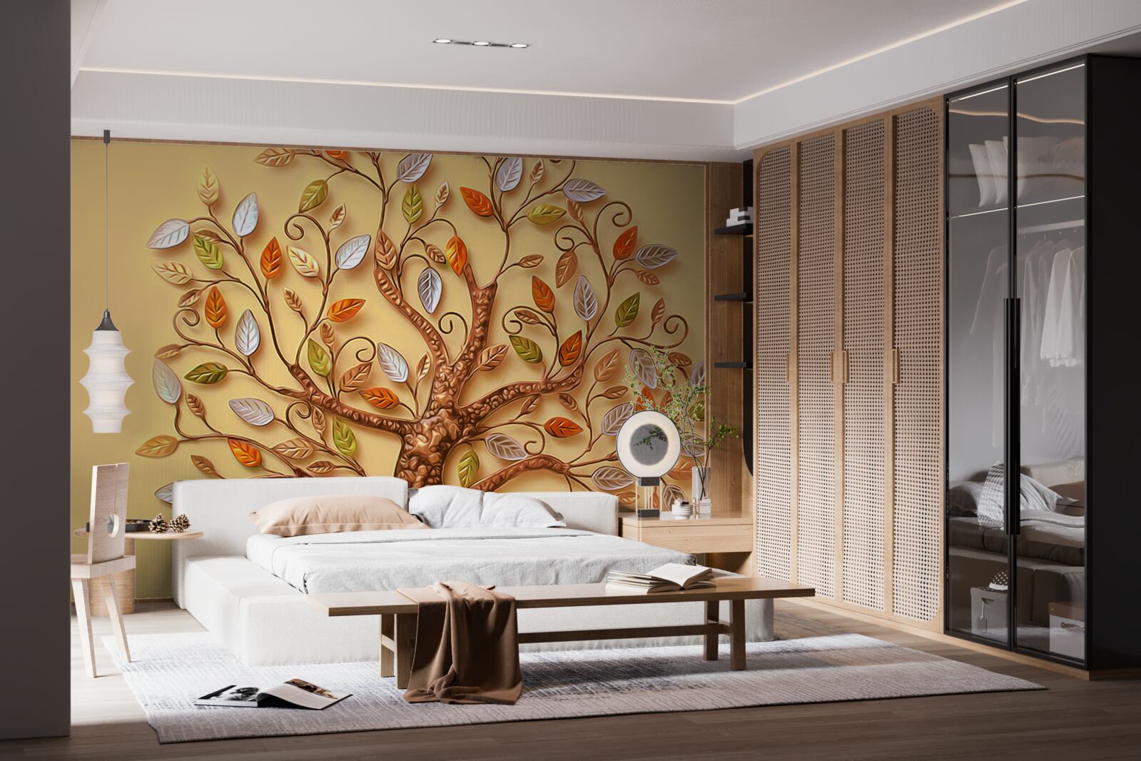 Fotobehang de boom is gehuld in een herfstachtige abstractie van bladeren