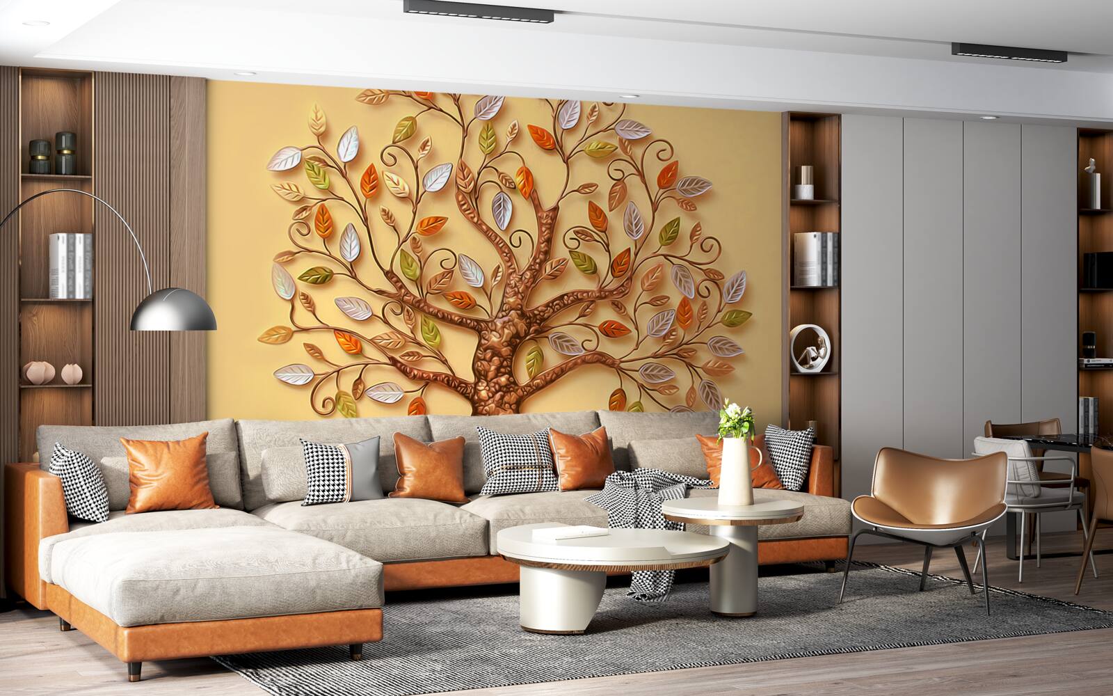 Fotobehang de boom is gehuld in een herfstachtige abstractie van bladeren