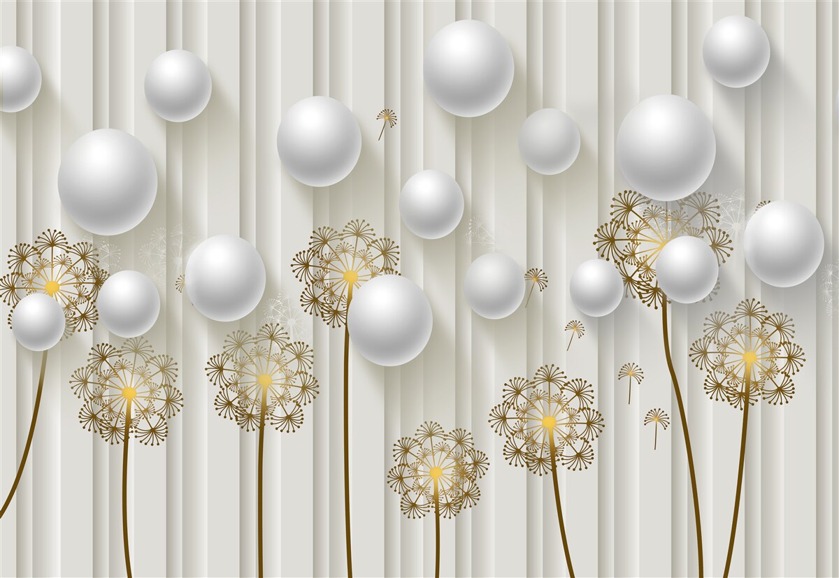 Fotobehang gouden knoppen en witte parels zweven in de lucht