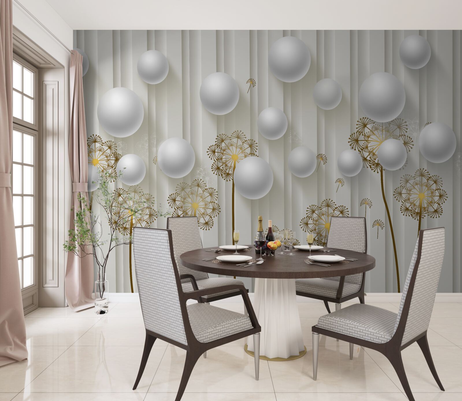 Fotobehang gouden knoppen en witte parels zweven in de lucht