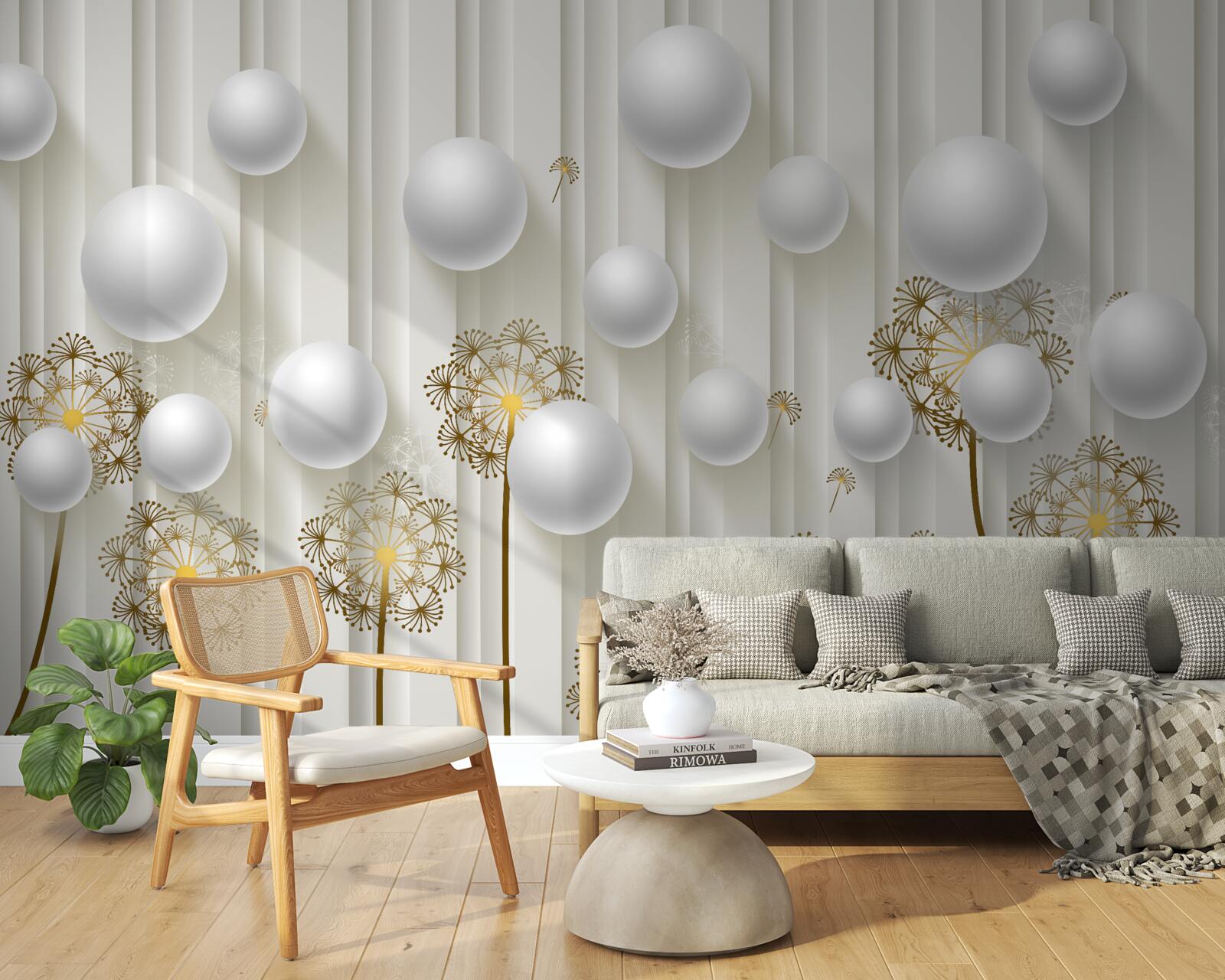 Fotobehang gouden knoppen en witte parels zweven in de lucht