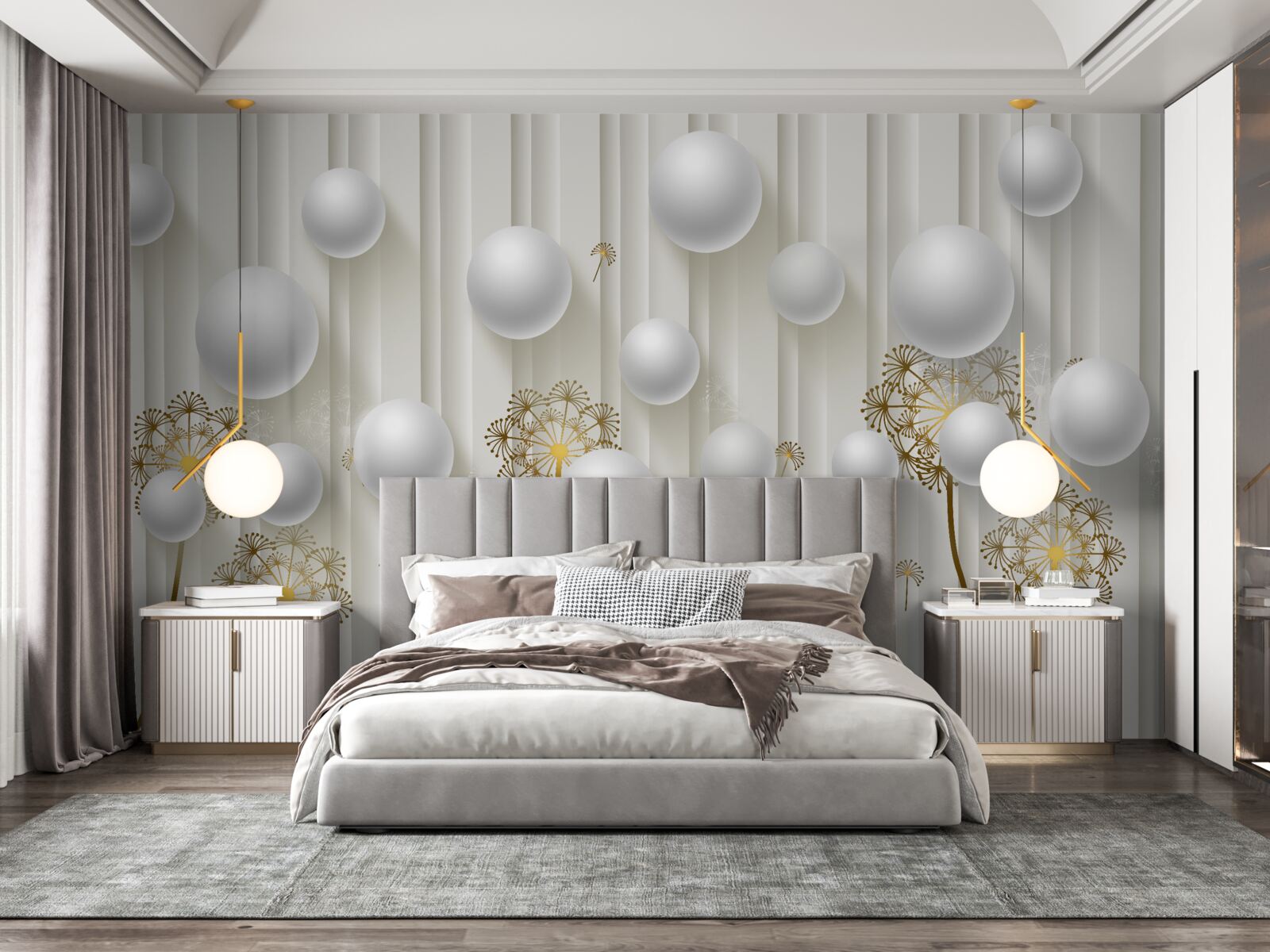 Fotobehang gouden knoppen en witte parels zweven in de lucht