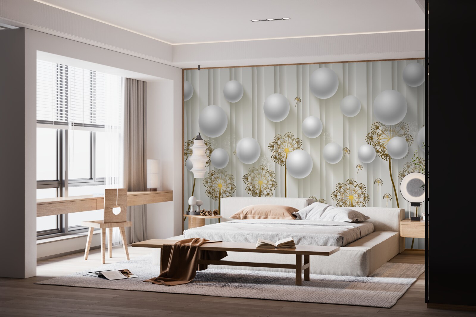 Fotobehang gouden knoppen en witte parels zweven in de lucht