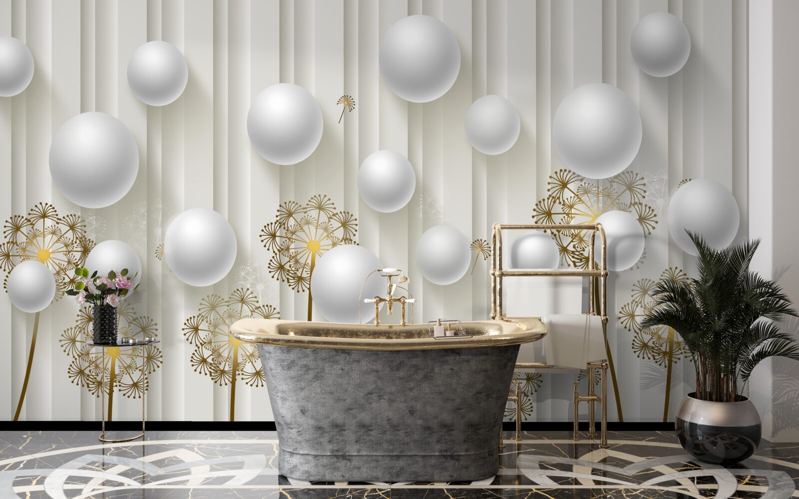 Fotobehang gouden knoppen en witte parels zweven in de lucht