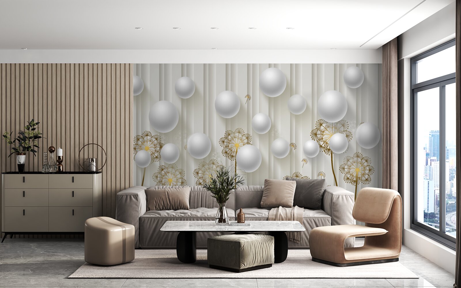 Fotobehang gouden knoppen en witte parels zweven in de lucht