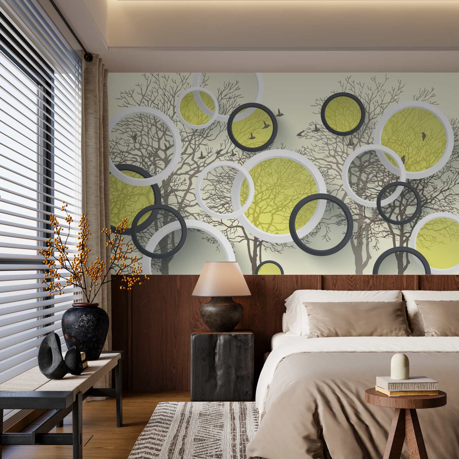 Fotobehang de lenscirkels weerspiegelen de textuur van de bomen