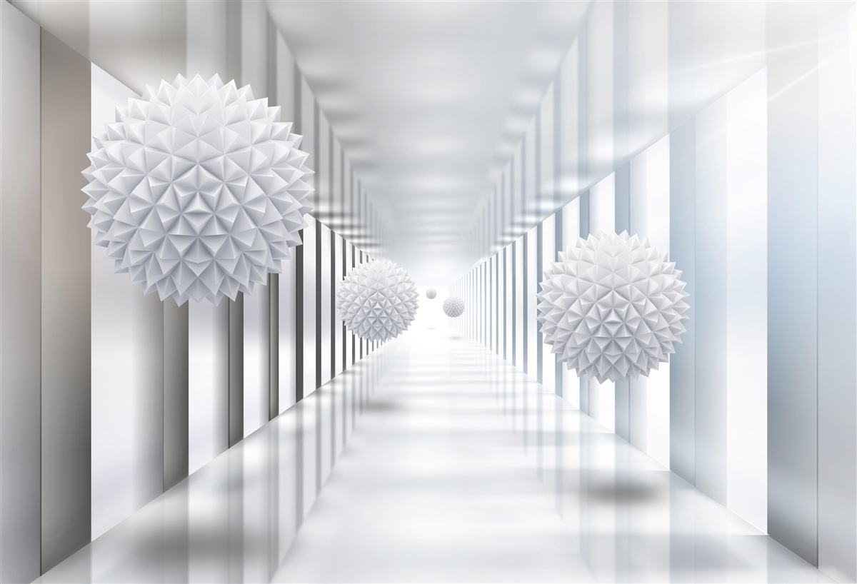 Fotobehang rechthoekige tunnel en bol in diepteperspectief