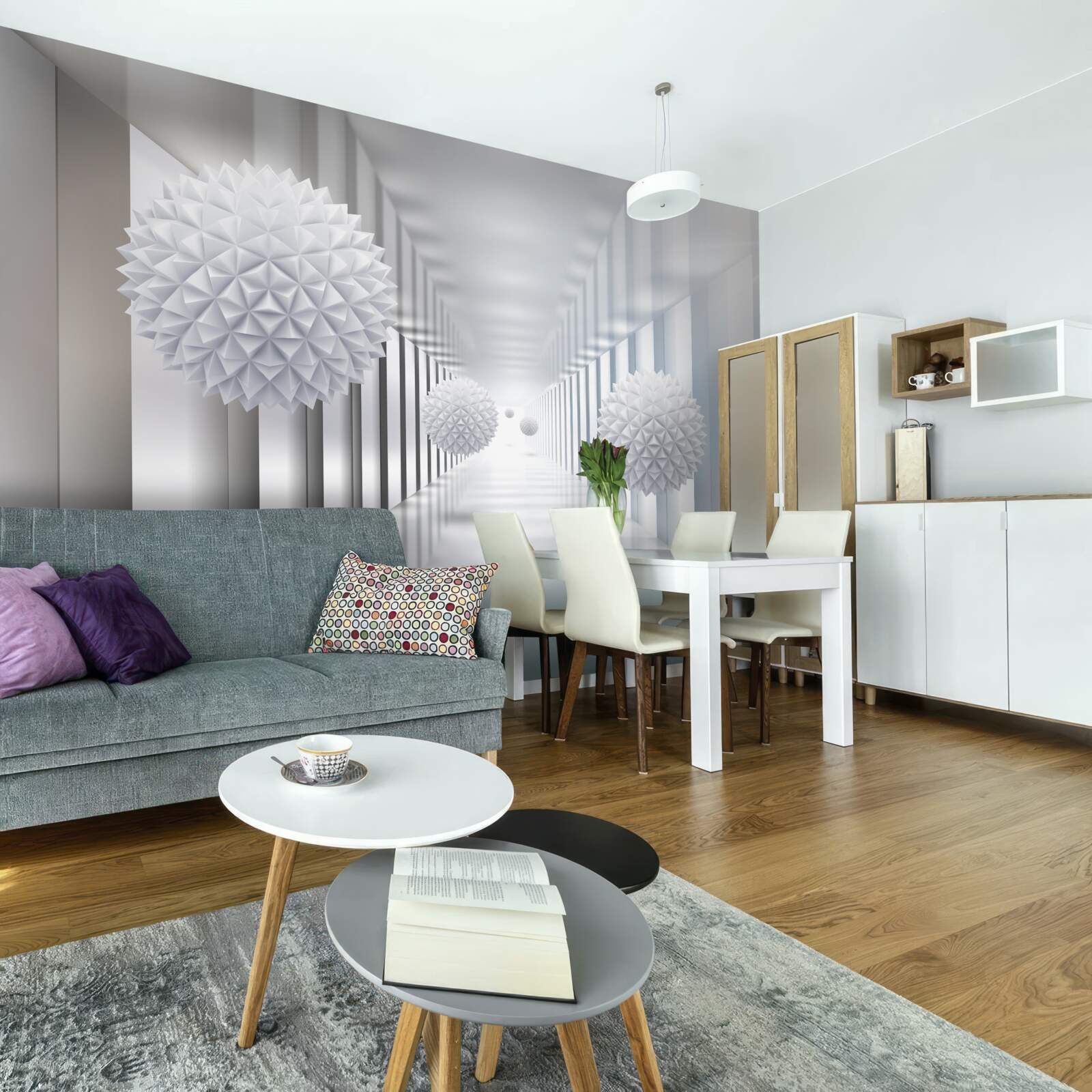 Fotobehang rechthoekige tunnel en bol in diepteperspectief