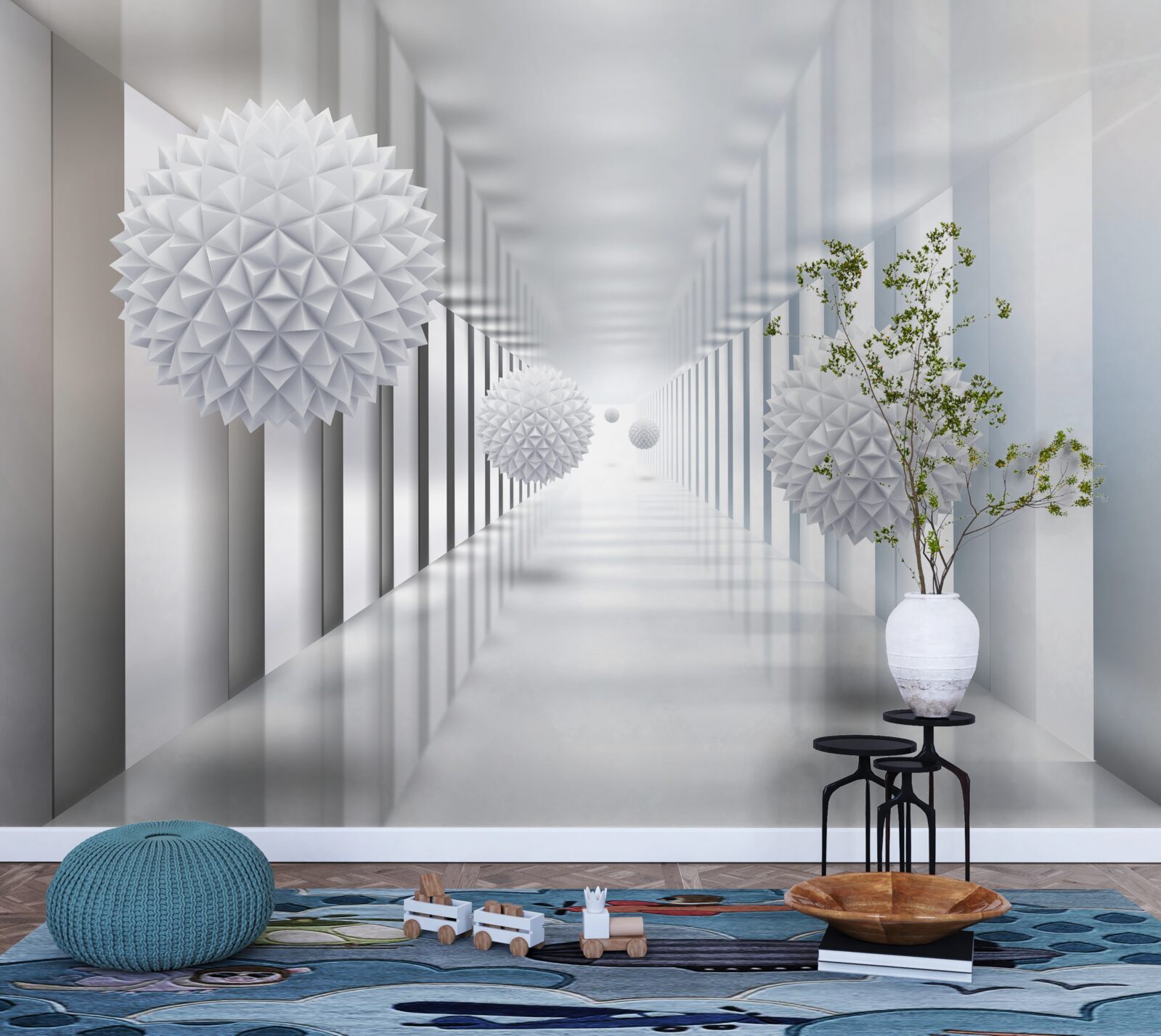 Fotobehang rechthoekige tunnel en bol in diepteperspectief