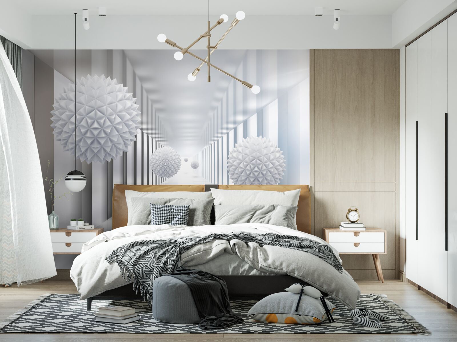 Fotobehang rechthoekige tunnel en bol in diepteperspectief