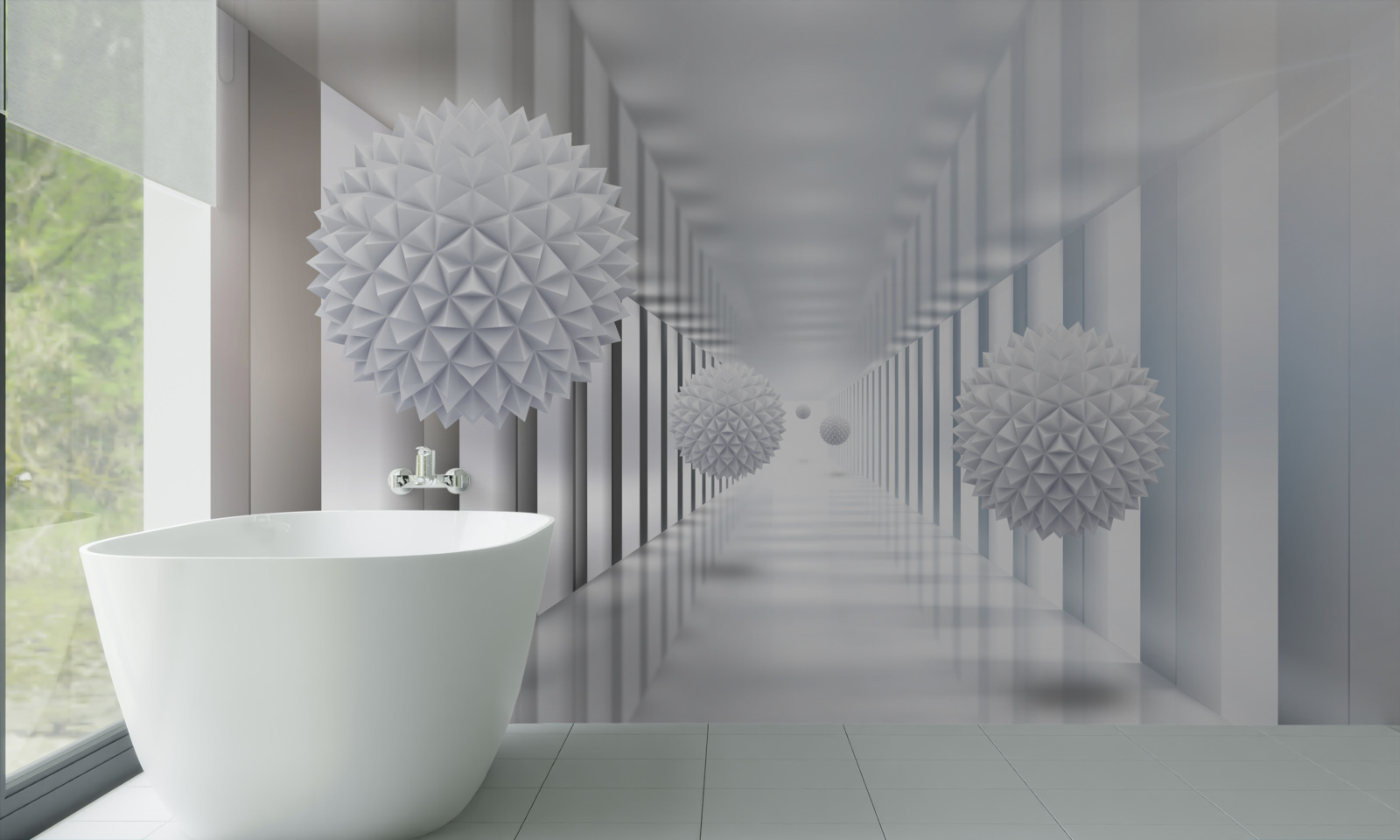 Fotobehang rechthoekige tunnel en bol in diepteperspectief