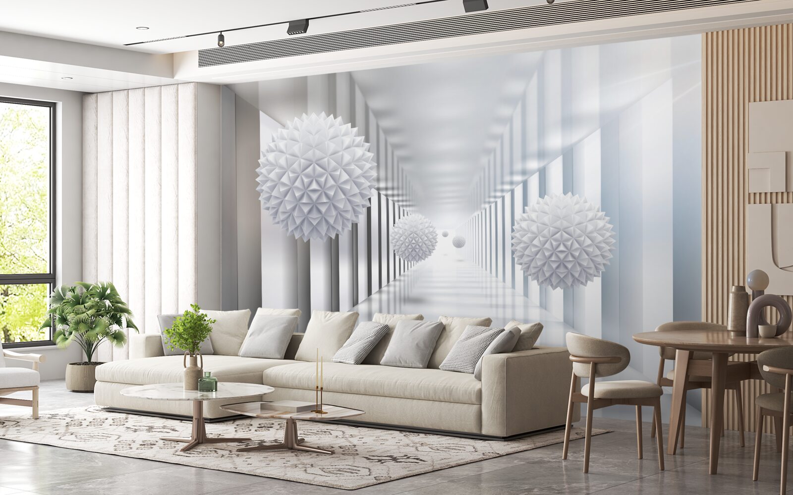 Fotobehang rechthoekige tunnel en bol in diepteperspectief