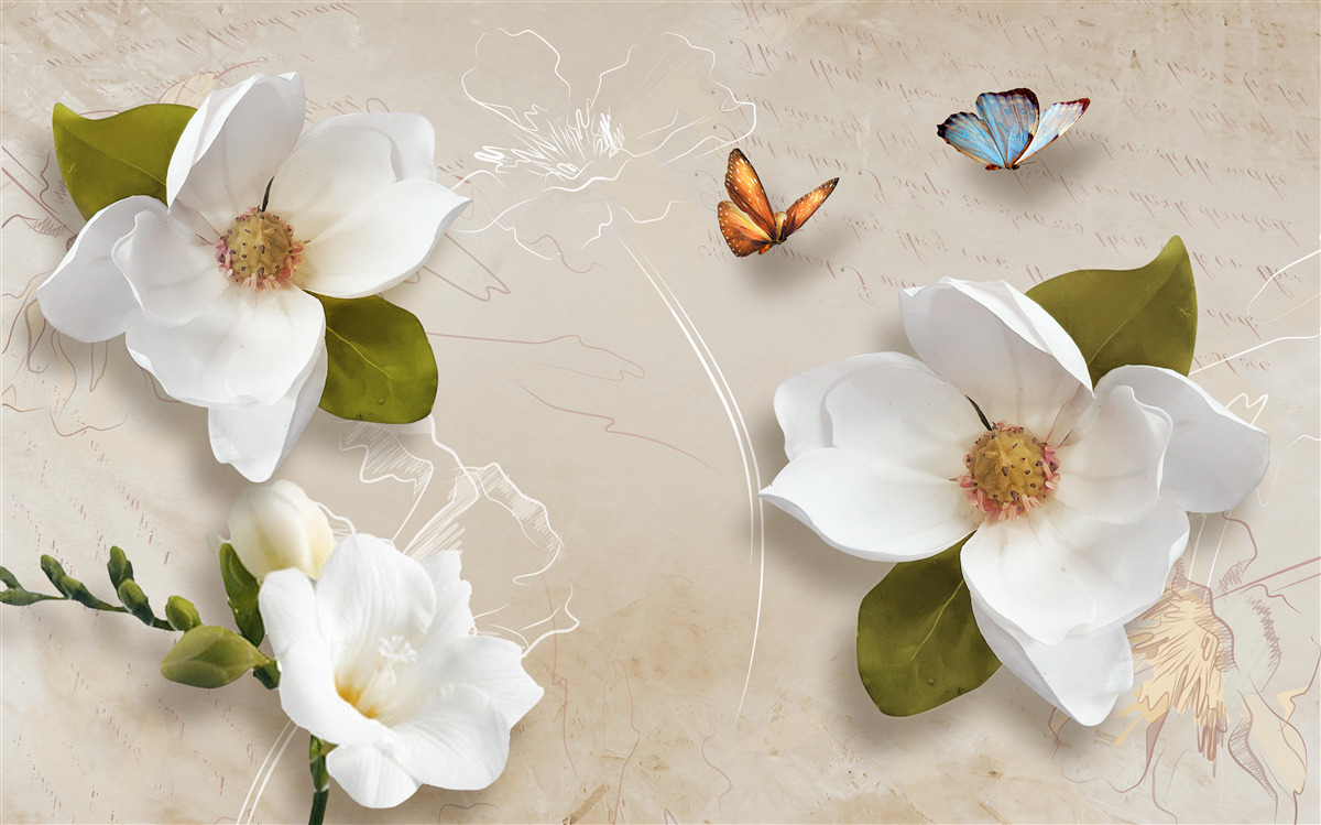 Fotobehang zomerlotussen zijn wit en versierd met vlinders