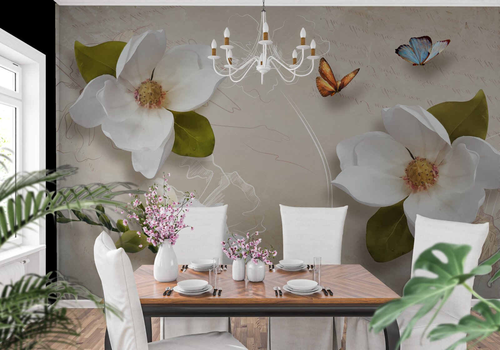 Fotobehang zomerlotussen zijn wit en versierd met vlinders