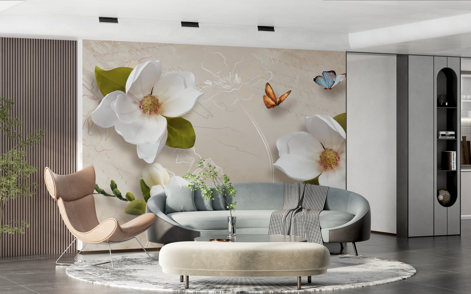 Fotobehang zomerlotussen zijn wit en versierd met vlinders