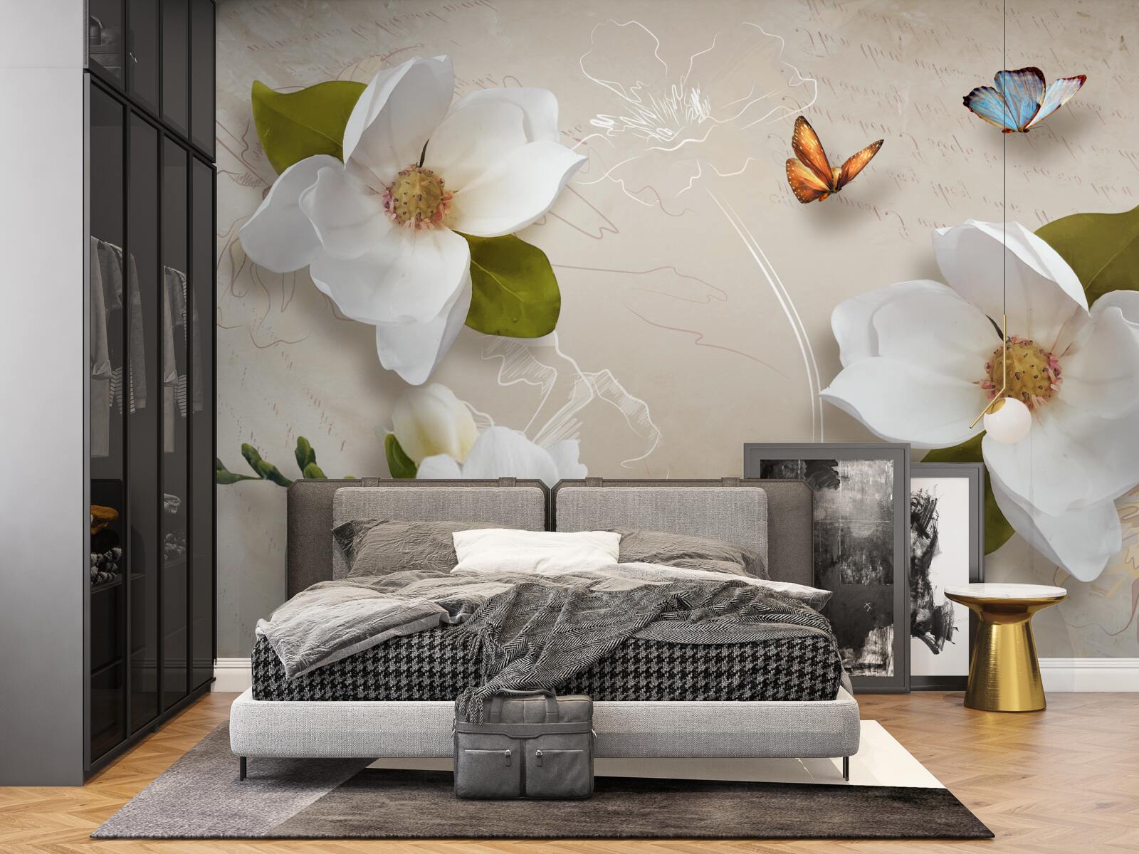 Fotobehang zomerlotussen zijn wit en versierd met vlinders