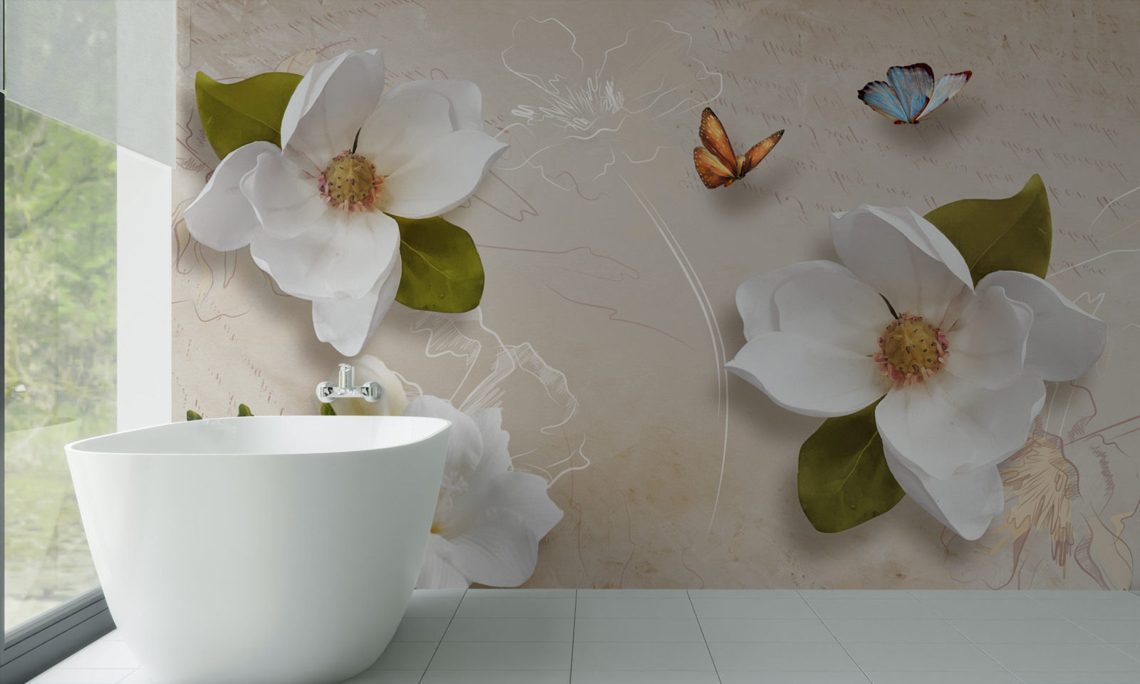 Fotobehang zomerlotussen zijn wit en versierd met vlinders