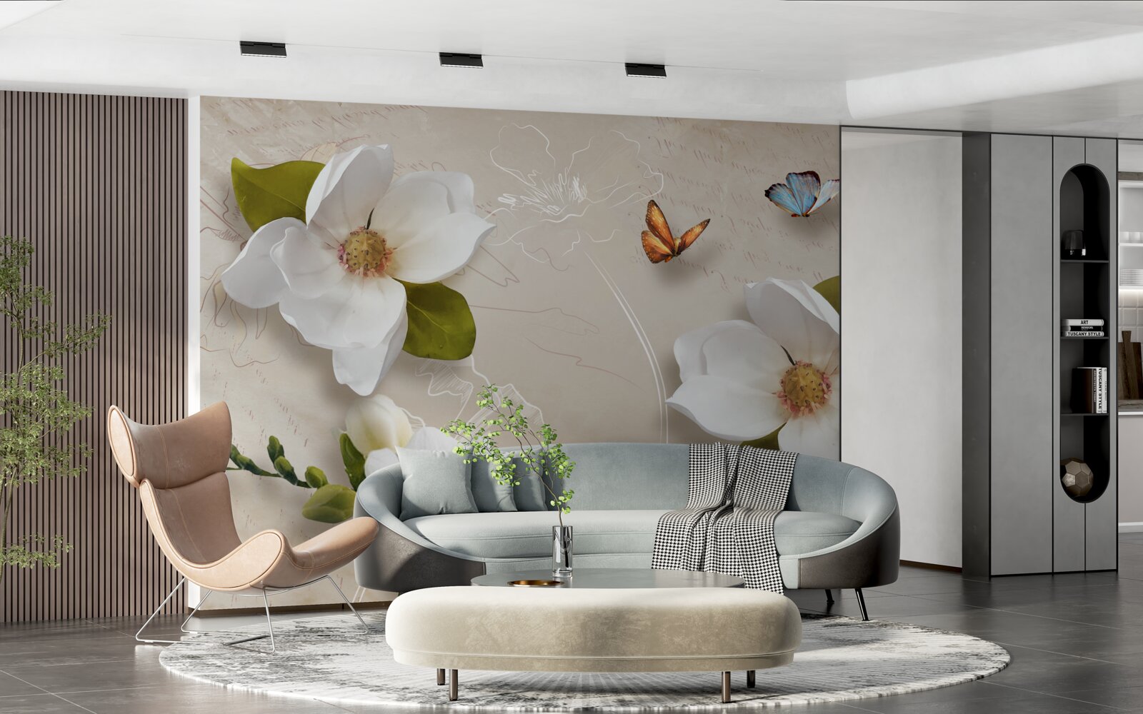 Fotobehang zomerlotussen zijn wit en versierd met vlinders