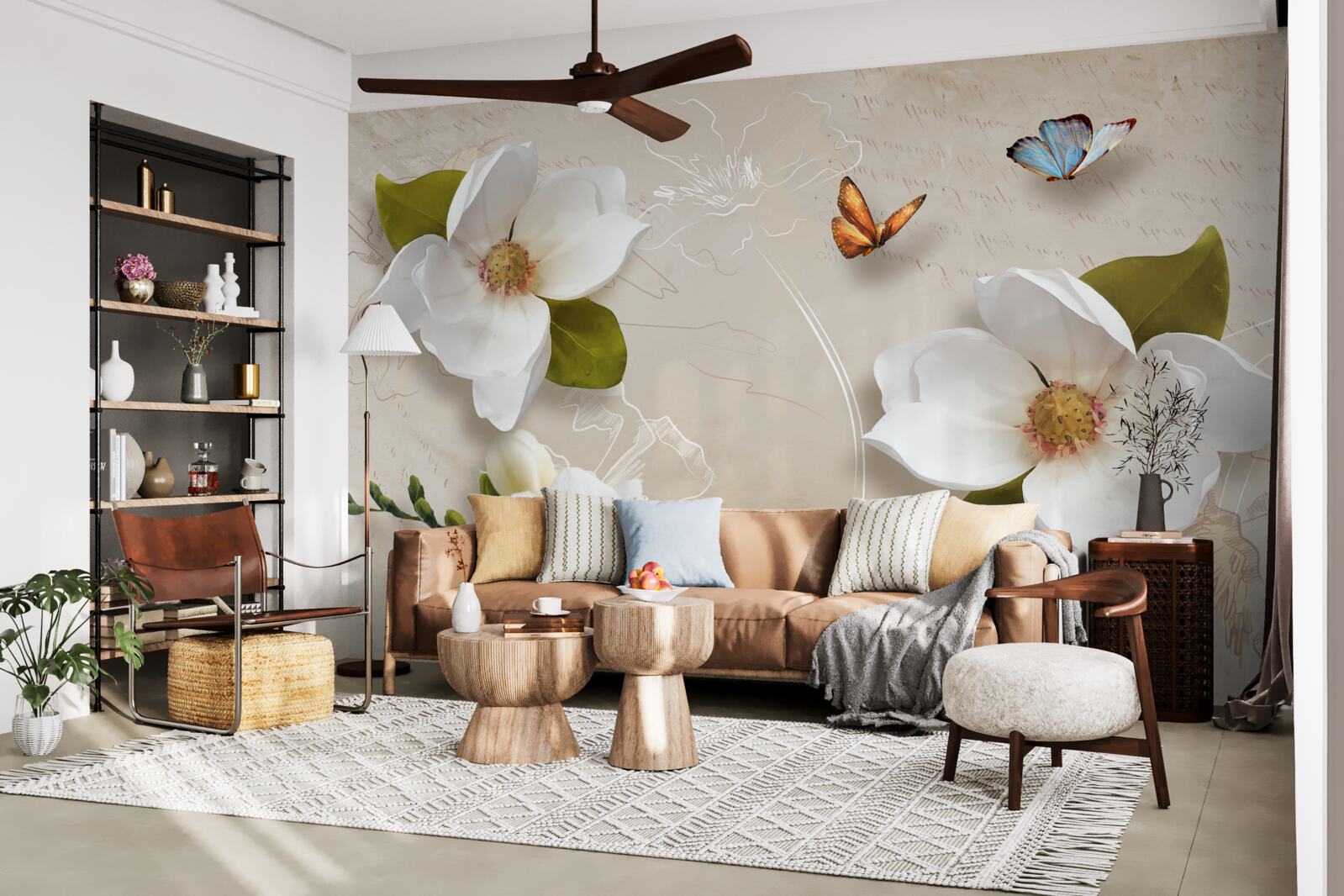 Fotobehang zomerlotussen zijn wit en versierd met vlinders