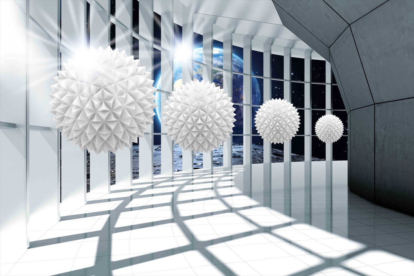 Fotobehang grond tegen een achtergrond van ballen die in perspectief duiken