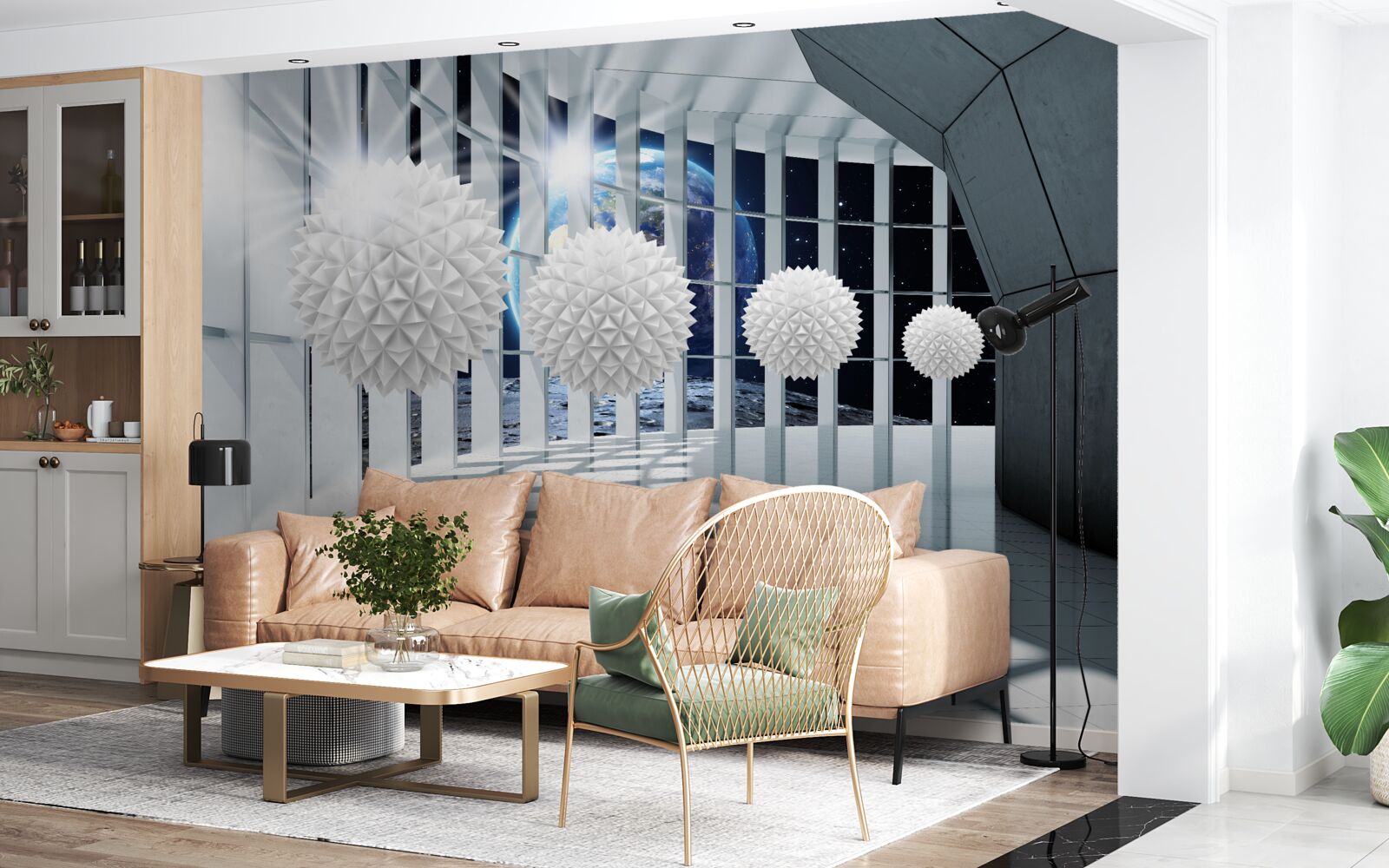 Fotobehang grond tegen een achtergrond van ballen die in perspectief duiken