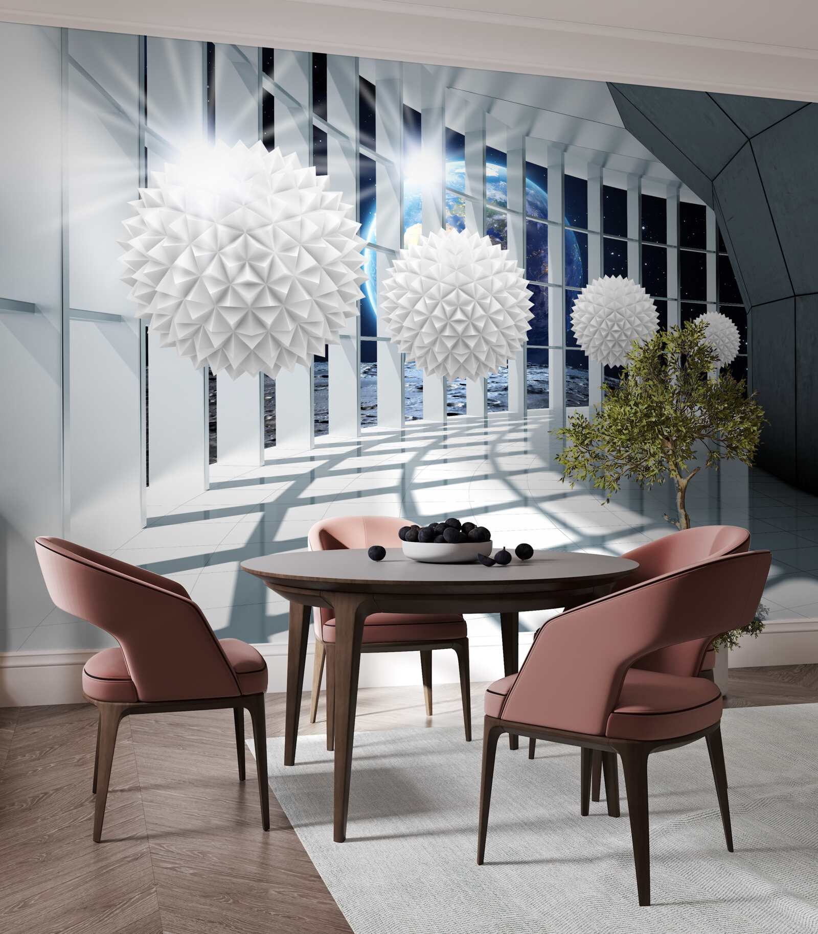 Fotobehang grond tegen een achtergrond van ballen die in perspectief duiken