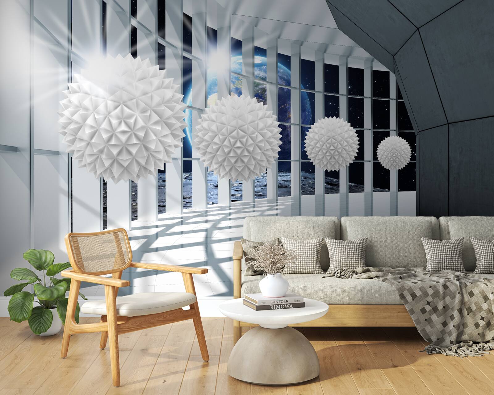 Fotobehang grond tegen een achtergrond van ballen die in perspectief duiken