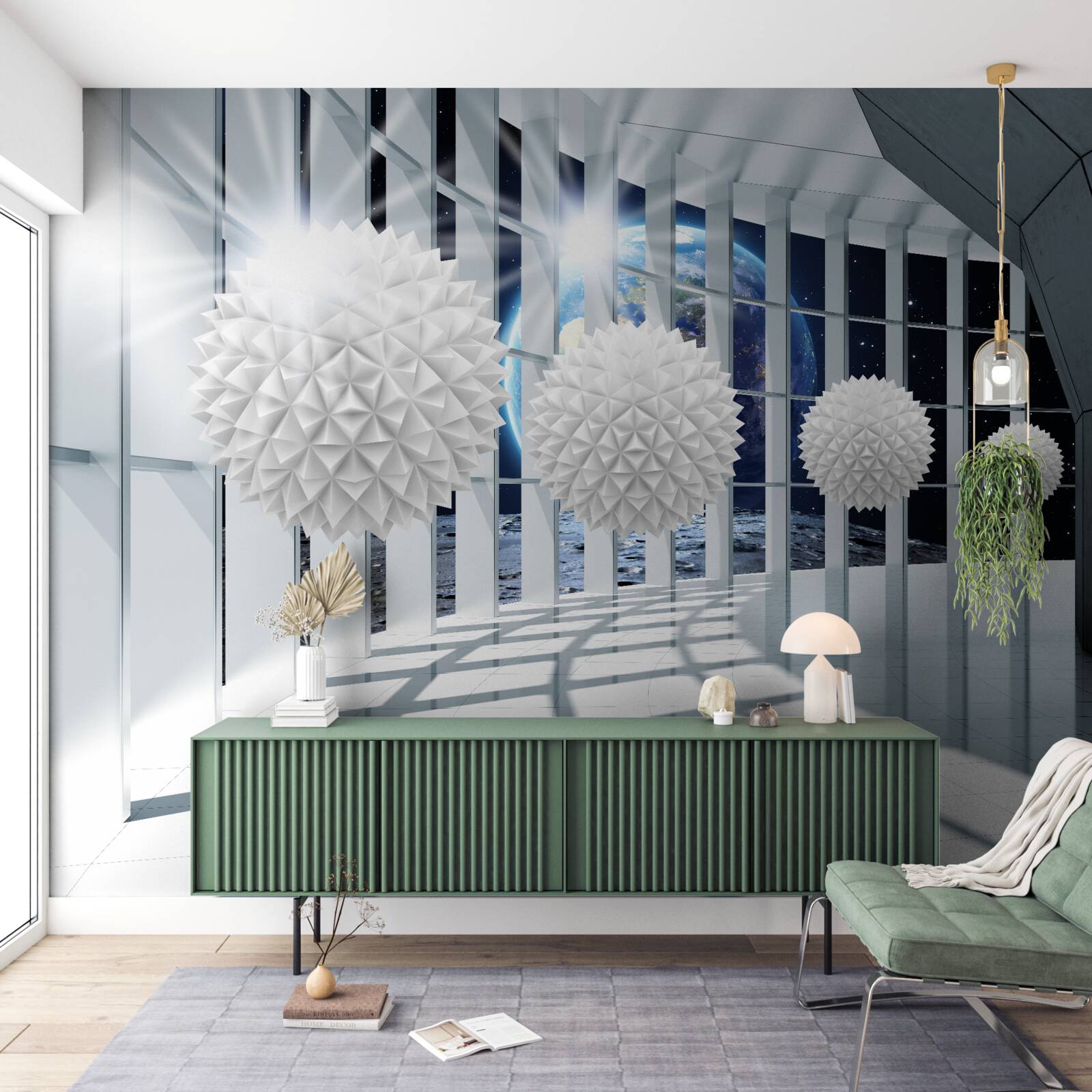 Fotobehang grond tegen een achtergrond van ballen die in perspectief duiken