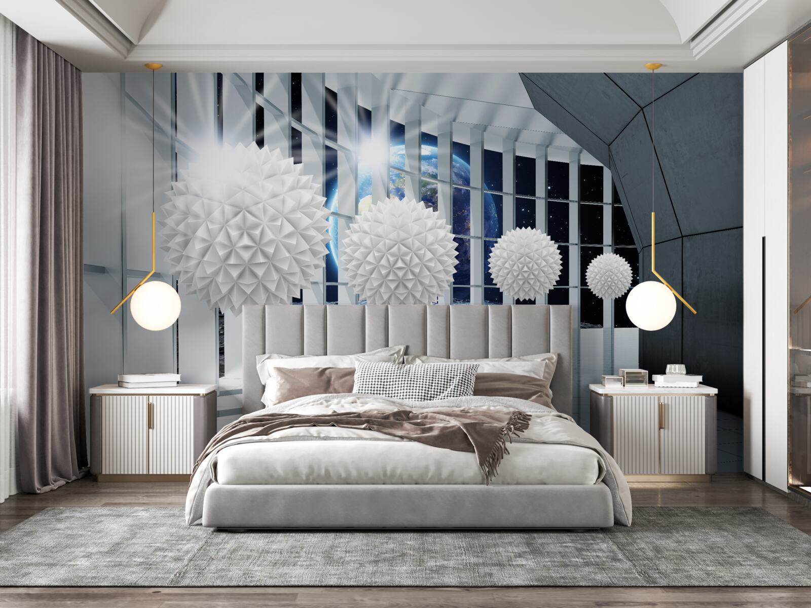 Fotobehang grond tegen een achtergrond van ballen die in perspectief duiken