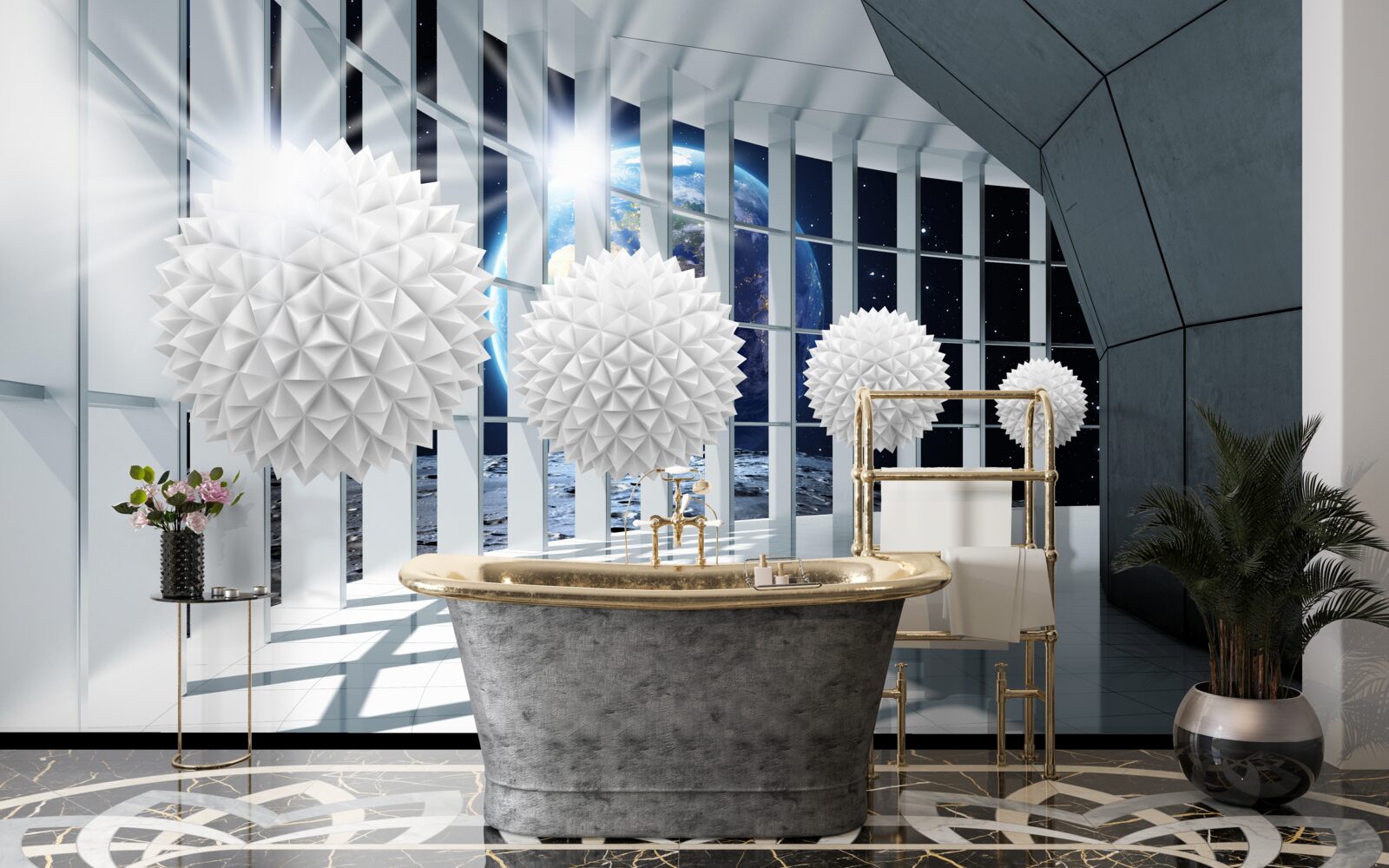 Fotobehang grond tegen een achtergrond van ballen die in perspectief duiken