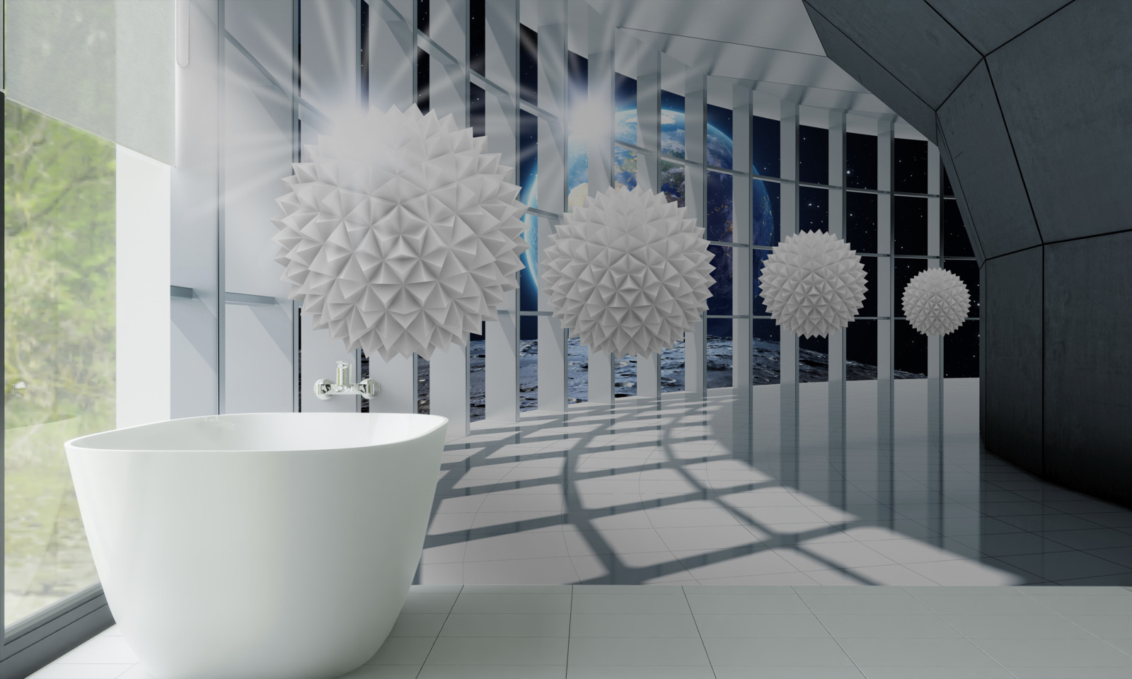 Fotobehang grond tegen een achtergrond van ballen die in perspectief duiken