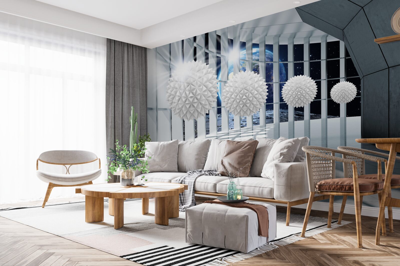 Fotobehang grond tegen een achtergrond van ballen die in perspectief duiken