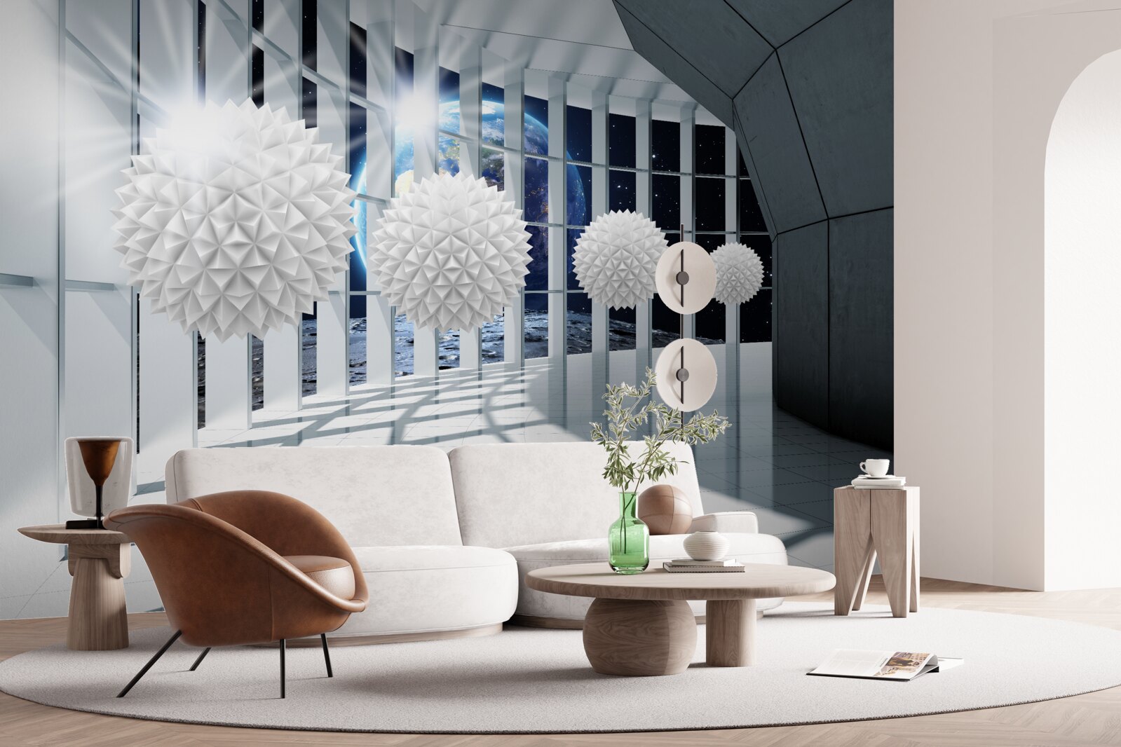 Fotobehang grond tegen een achtergrond van ballen die in perspectief duiken