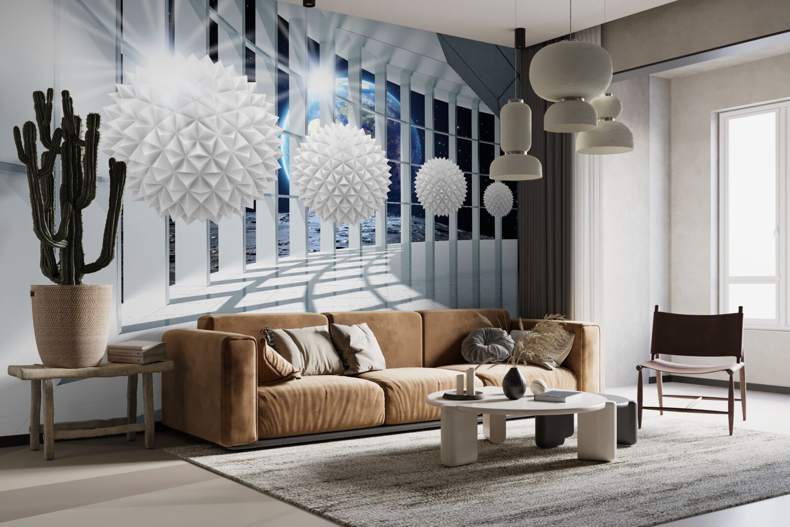 Fotobehang grond tegen een achtergrond van ballen die in perspectief duiken