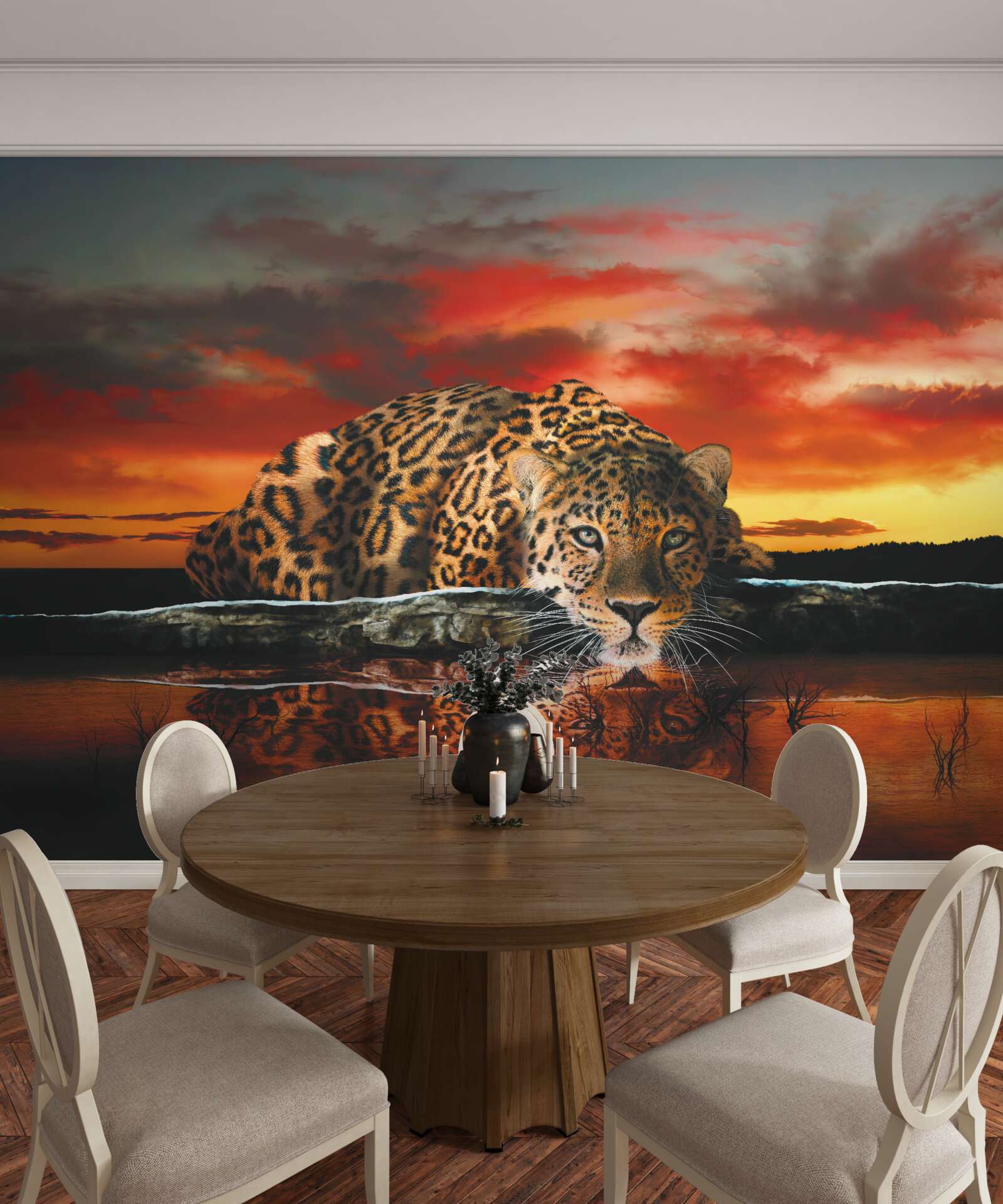 Fotobehang luipaardprint tegen een zonsondergang