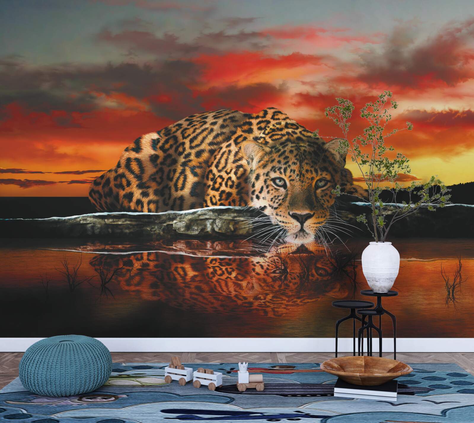 Fotobehang luipaardprint tegen een zonsondergang