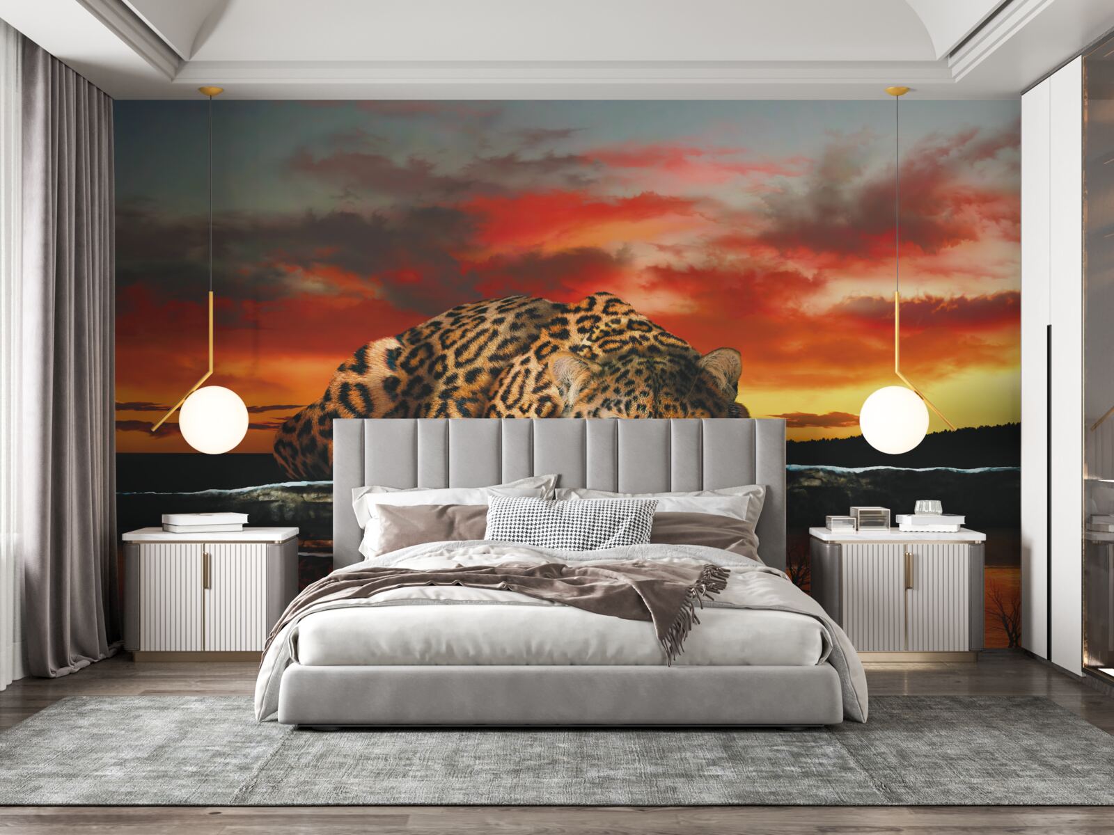 Fotobehang luipaardprint tegen een zonsondergang