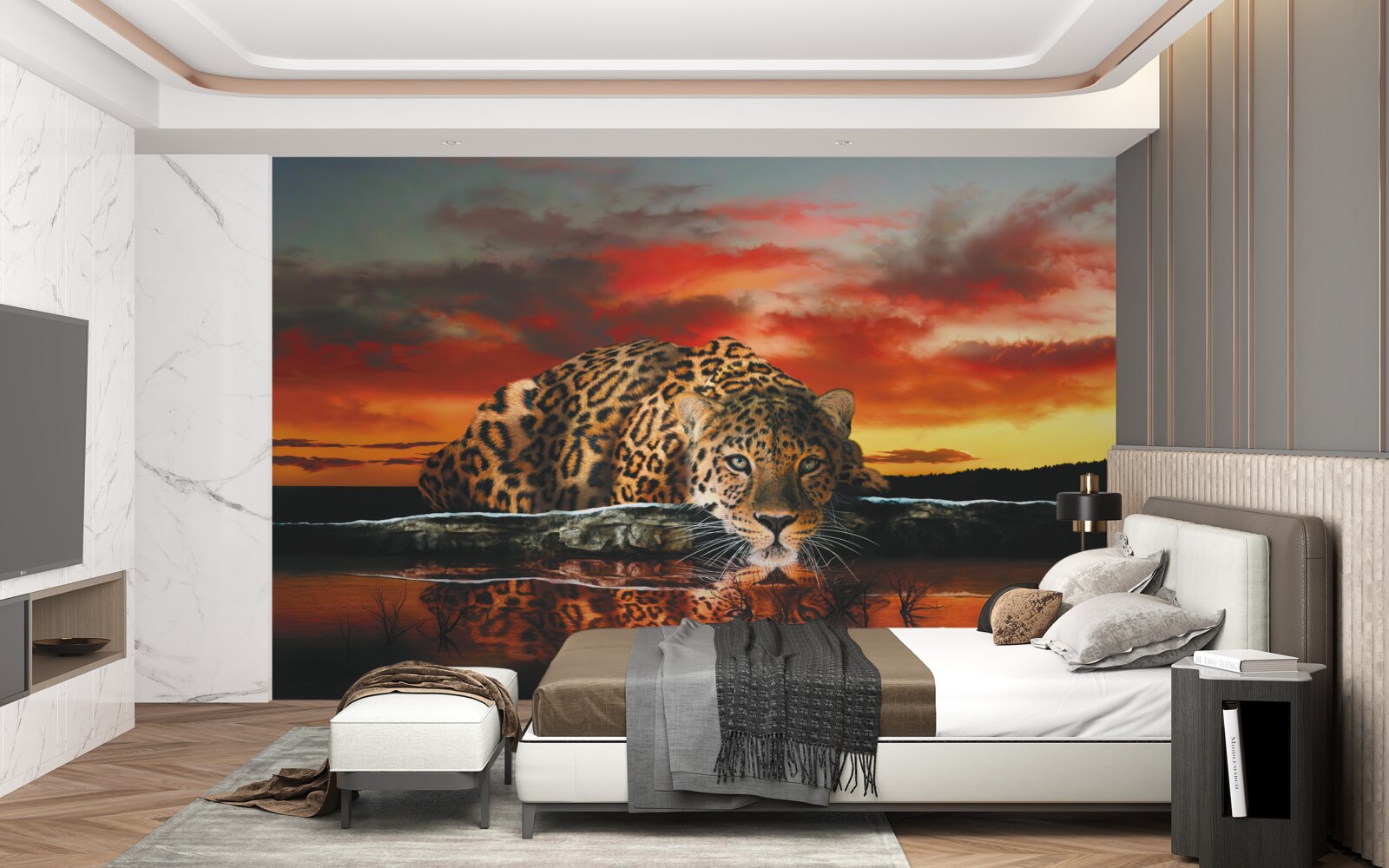 Fotobehang luipaardprint tegen een zonsondergang