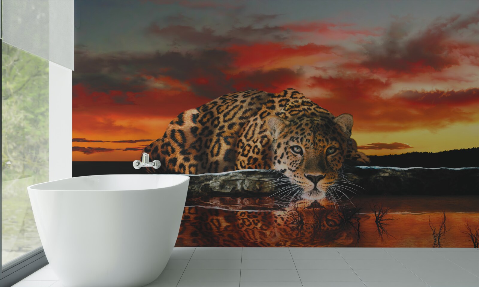 Fotobehang luipaardprint tegen een zonsondergang