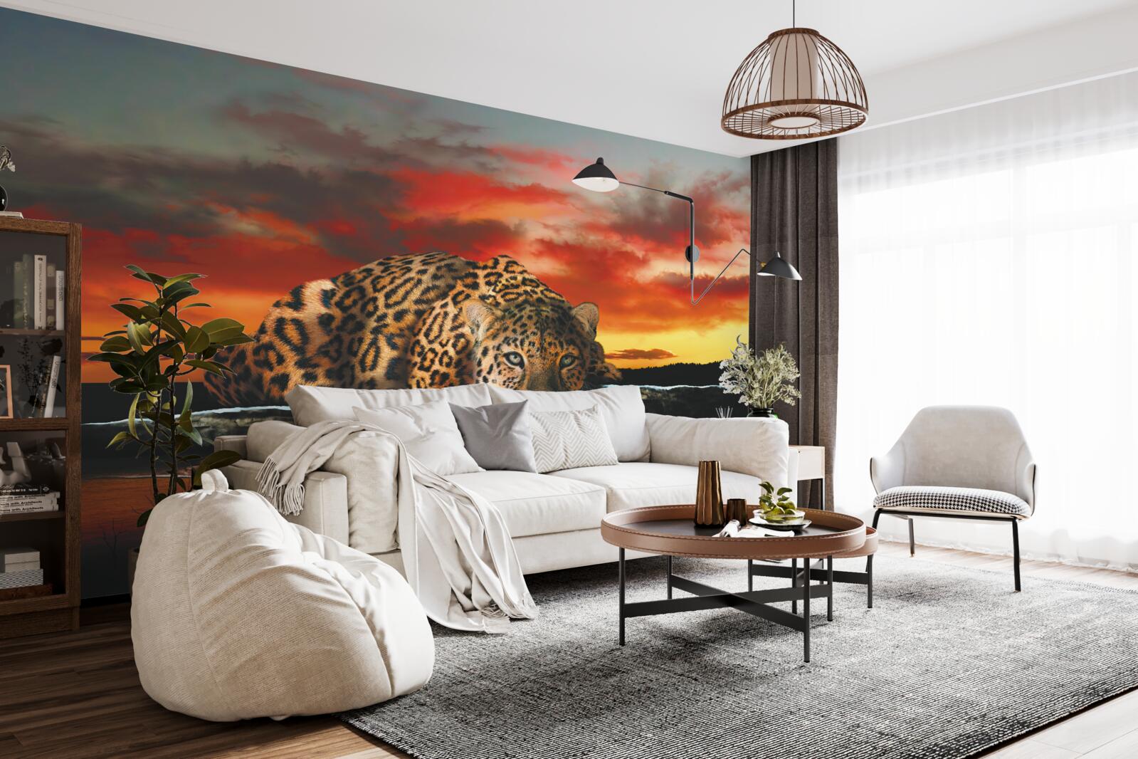 Fotobehang luipaardprint tegen een zonsondergang