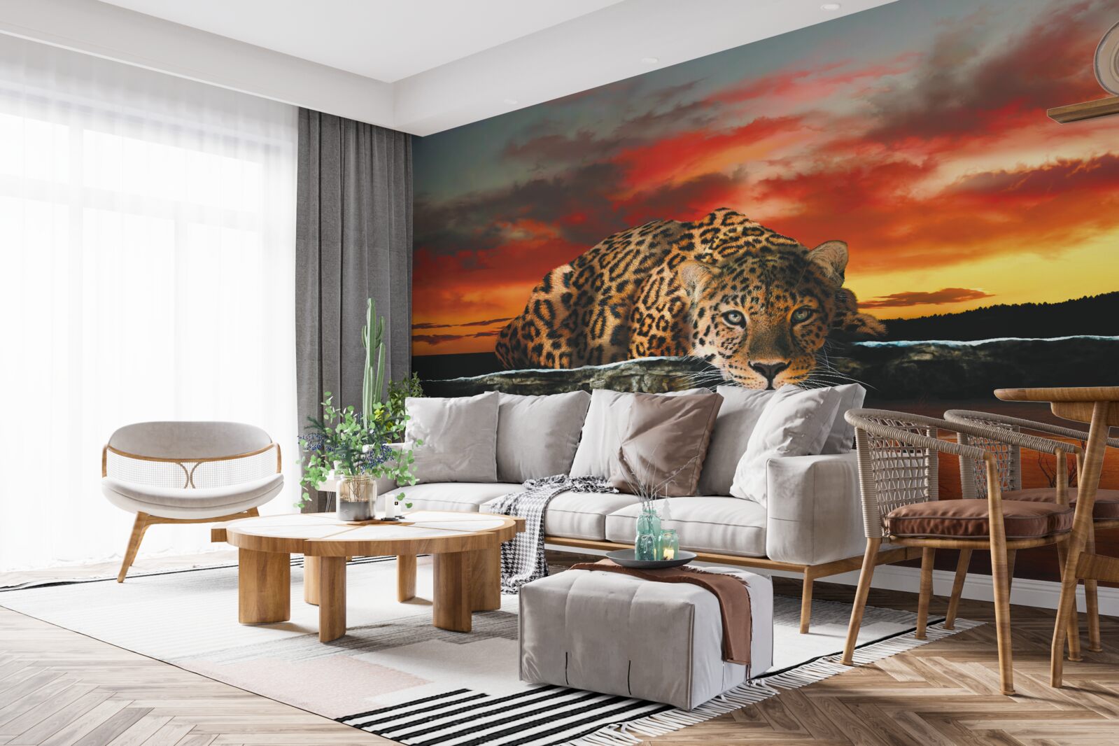 Fotobehang luipaardprint tegen een zonsondergang